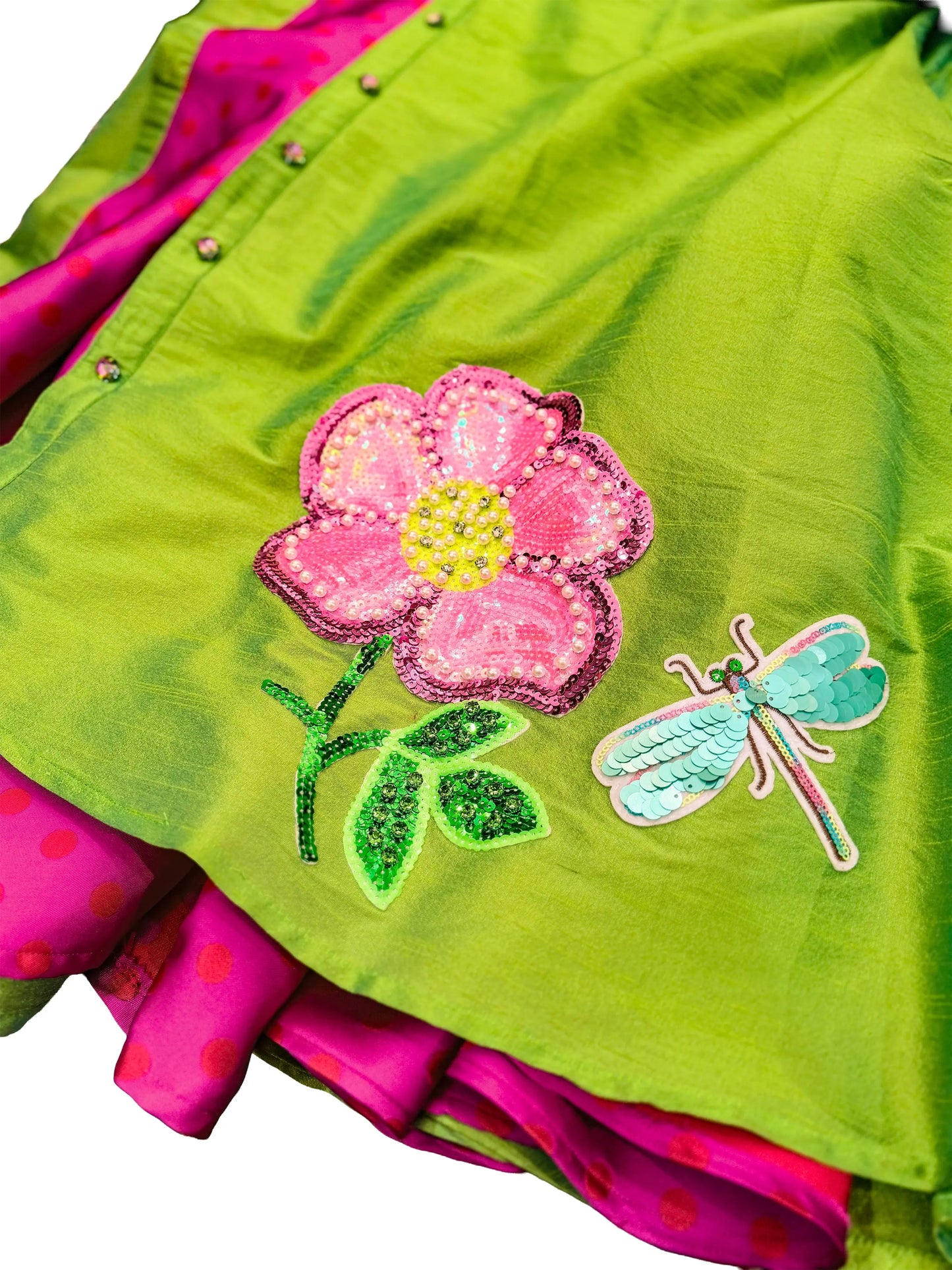 Bloomin Fantasy Lime Green Swing Coat with Hand-Sequin Floral Applique