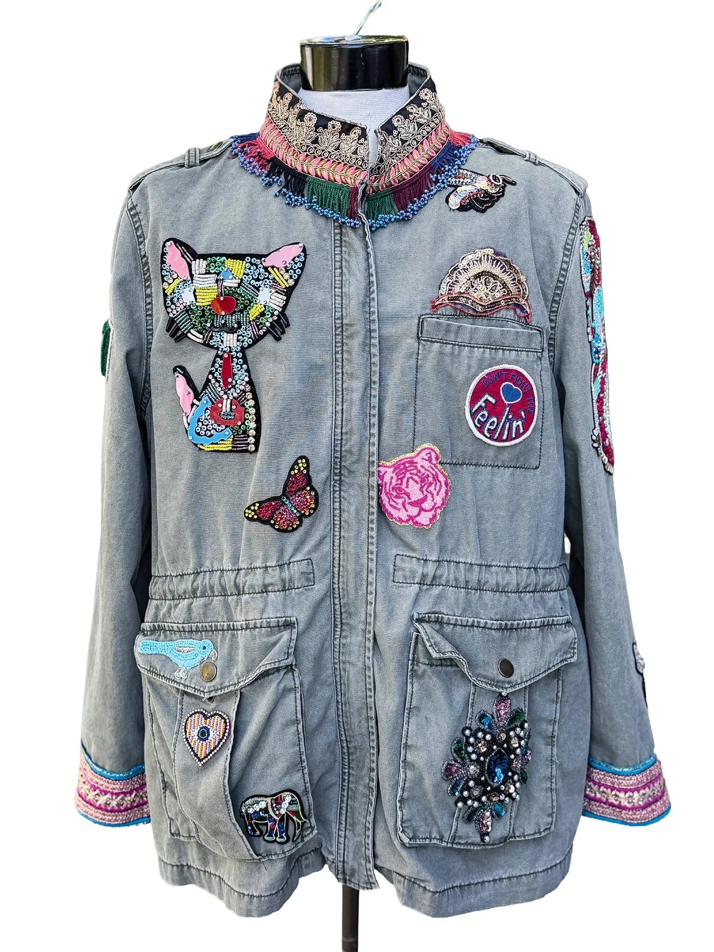 Urban Serengeti Embellished Safari Jacket with Beaded Menagerie
