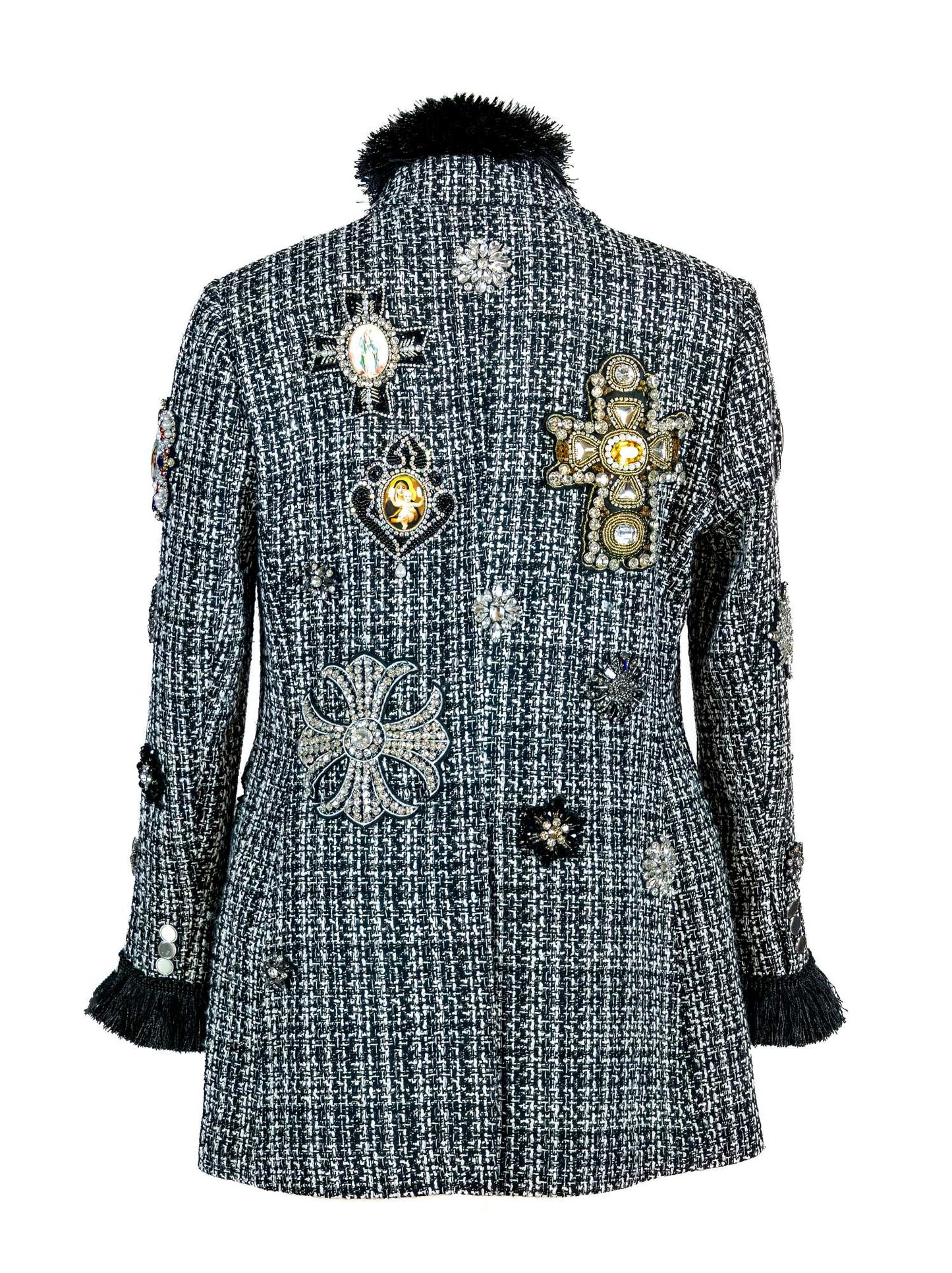 Blessed Black & White Tweed Jacket with Rhinestone & Pearl Icons