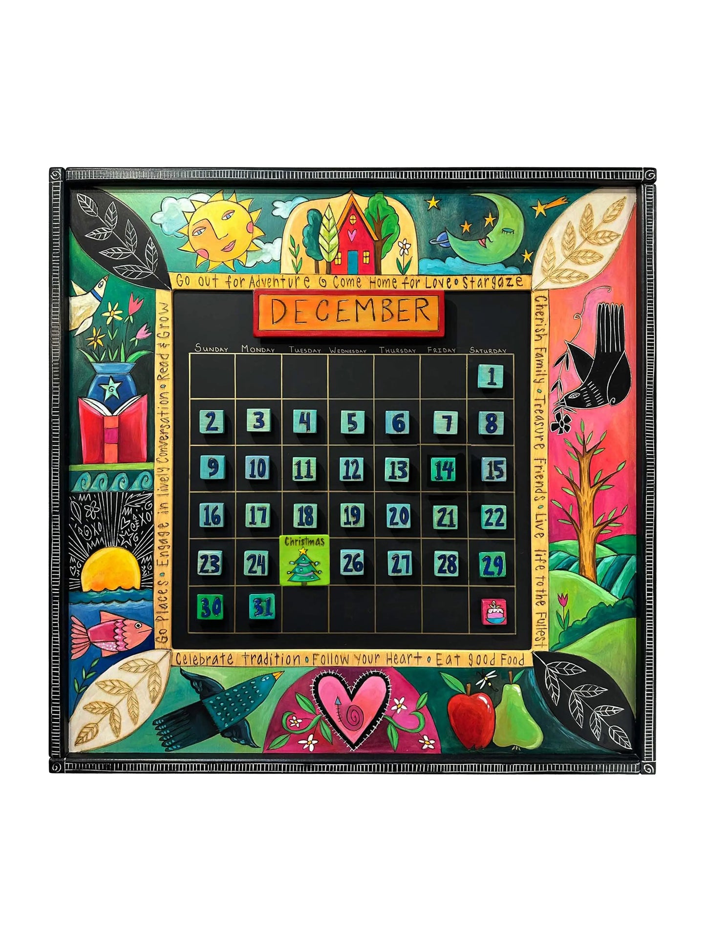 This vibrant, handcrafted perpetual wall calendar made of real wood features whimsical illustrations, inspiring phrases, and a magnetic grid for easy date updates. Decorated with motifs like a house, sun, blackbird, and more, it includes holiday magnets and 12-month plates. With dimensions of 38 inches square, it combines art and function, serving as a joyful, inspiring decor piece for year-round organization and motivation.