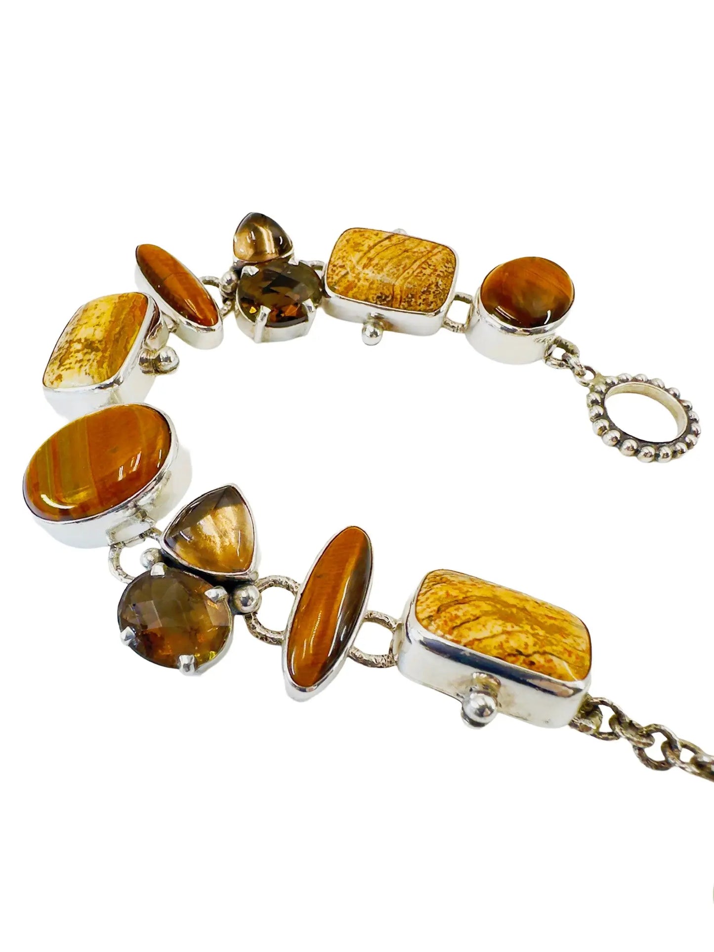 Tiger Eye, Jasper & Smokey Topaz Silver Station Bracelet