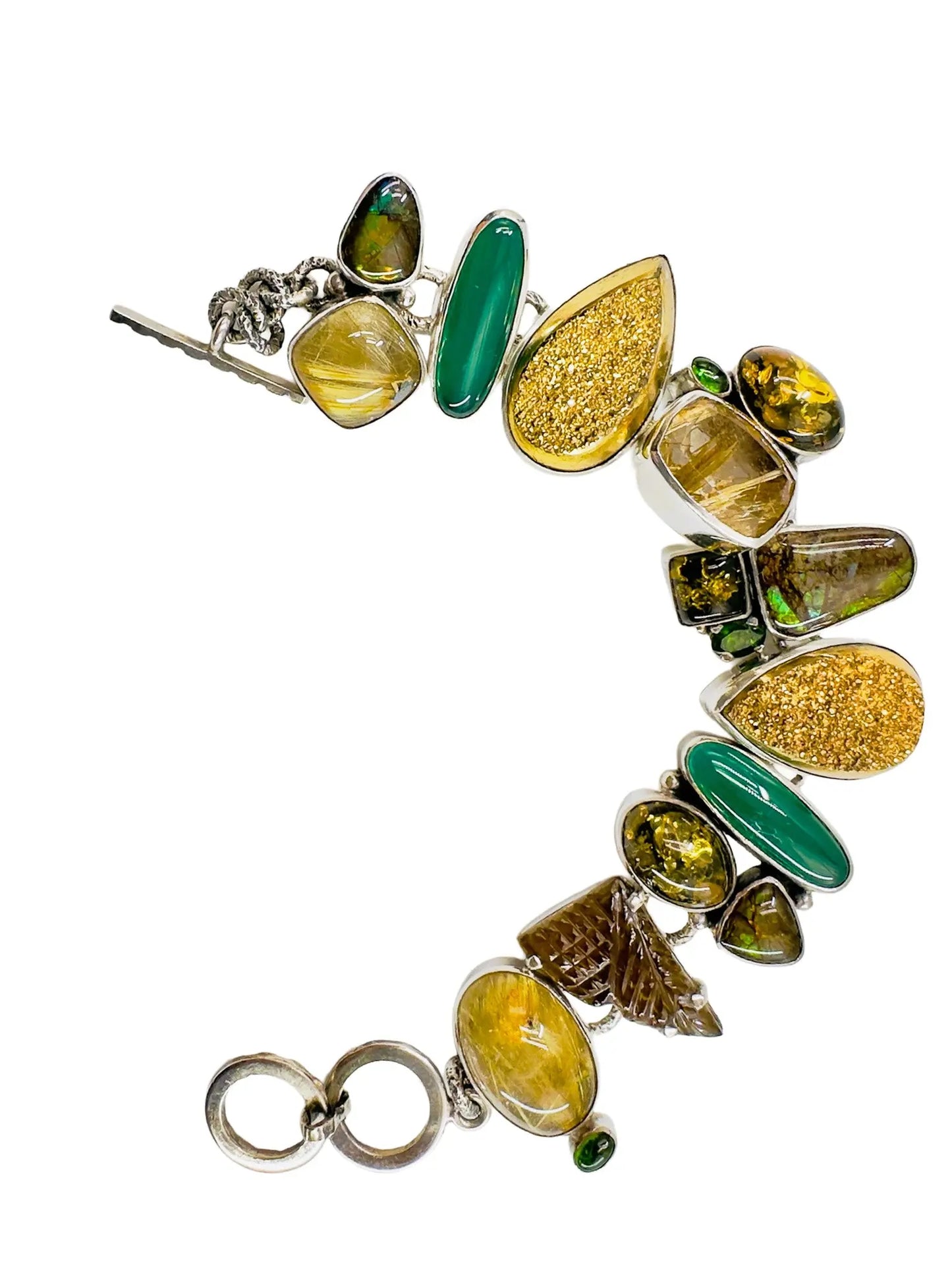 Boulder Opal, Ammolite & Druzy Silver Station Bracelet