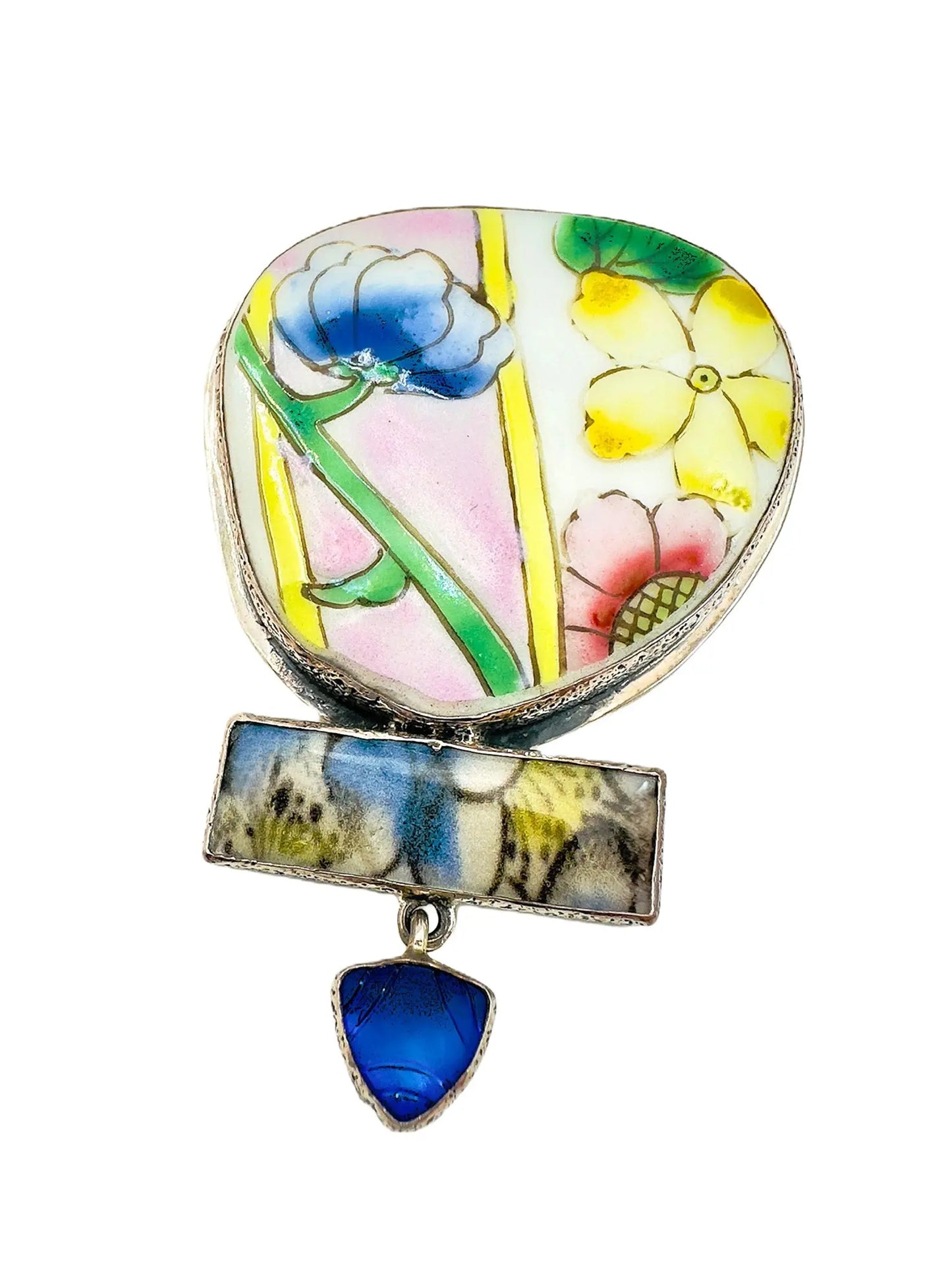 Hand-Painted Floral Tile Sterling Silver Pin/Pendant