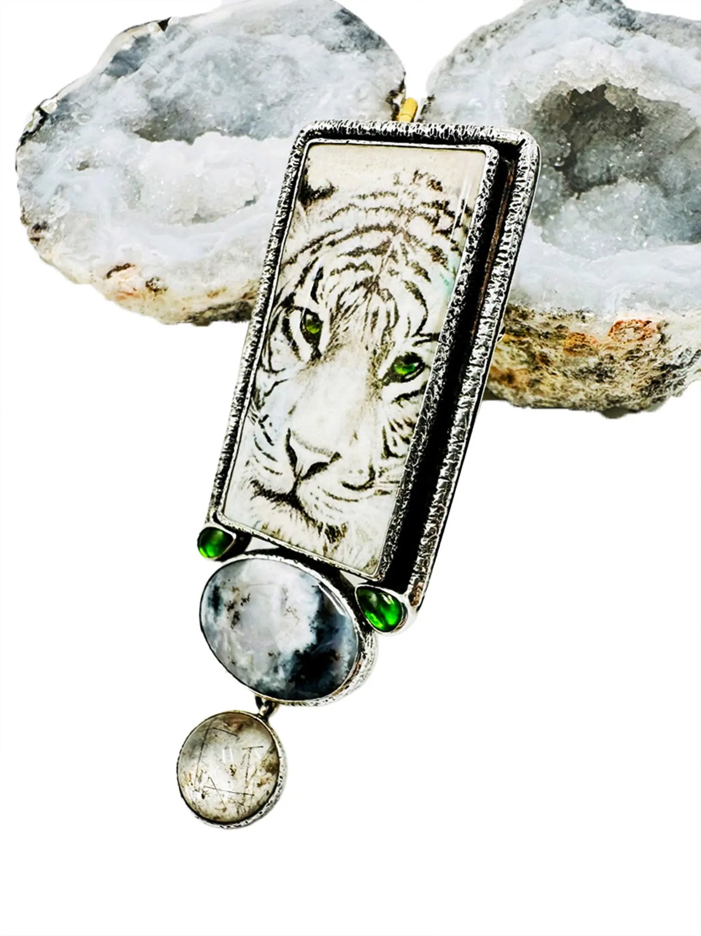 Hand-Painted White Tiger Sterling Silver Pin/Pendant