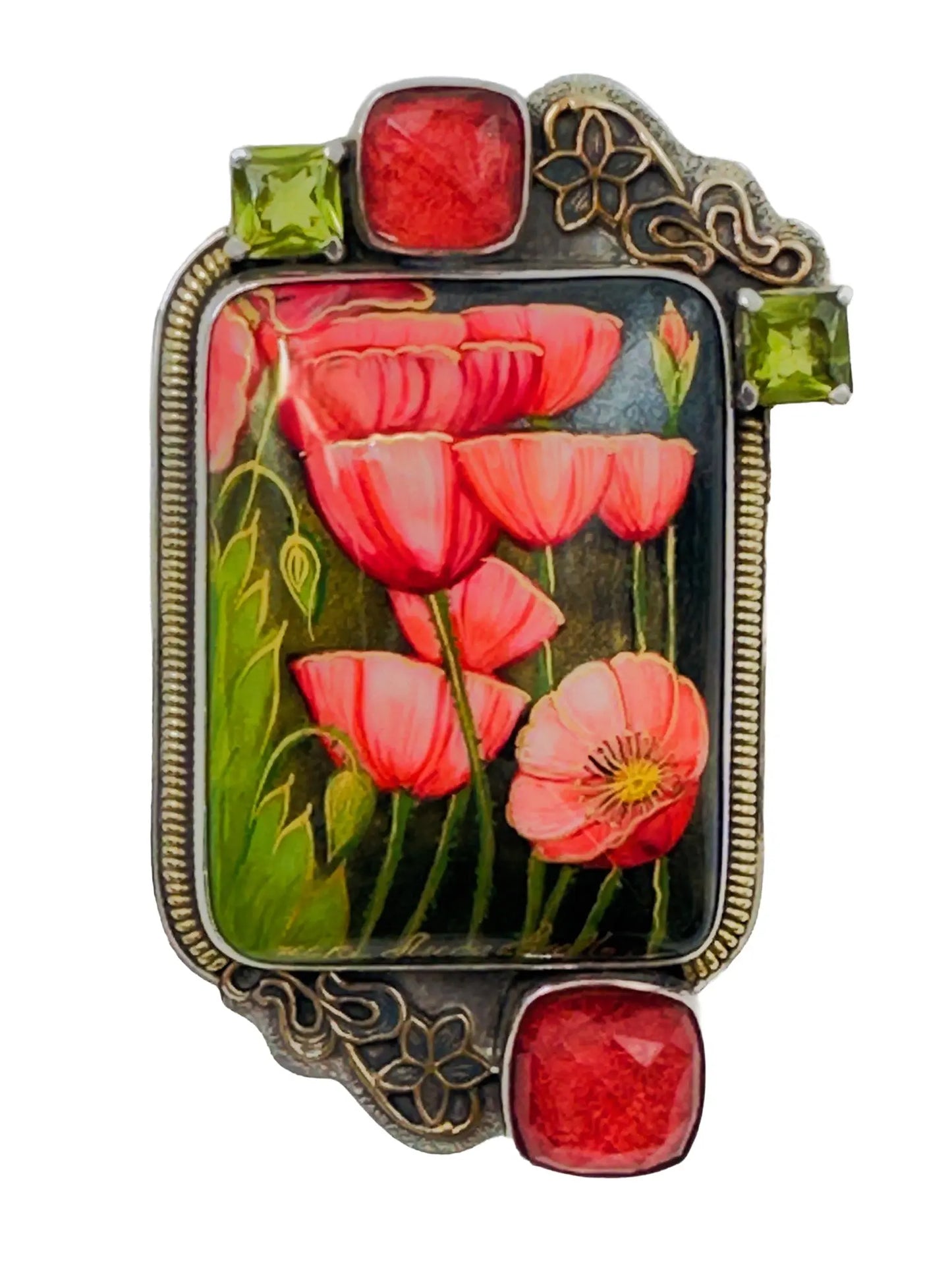 Hand-Painted Poppies on Black Onyx Sterling Silver Pin/Pendant