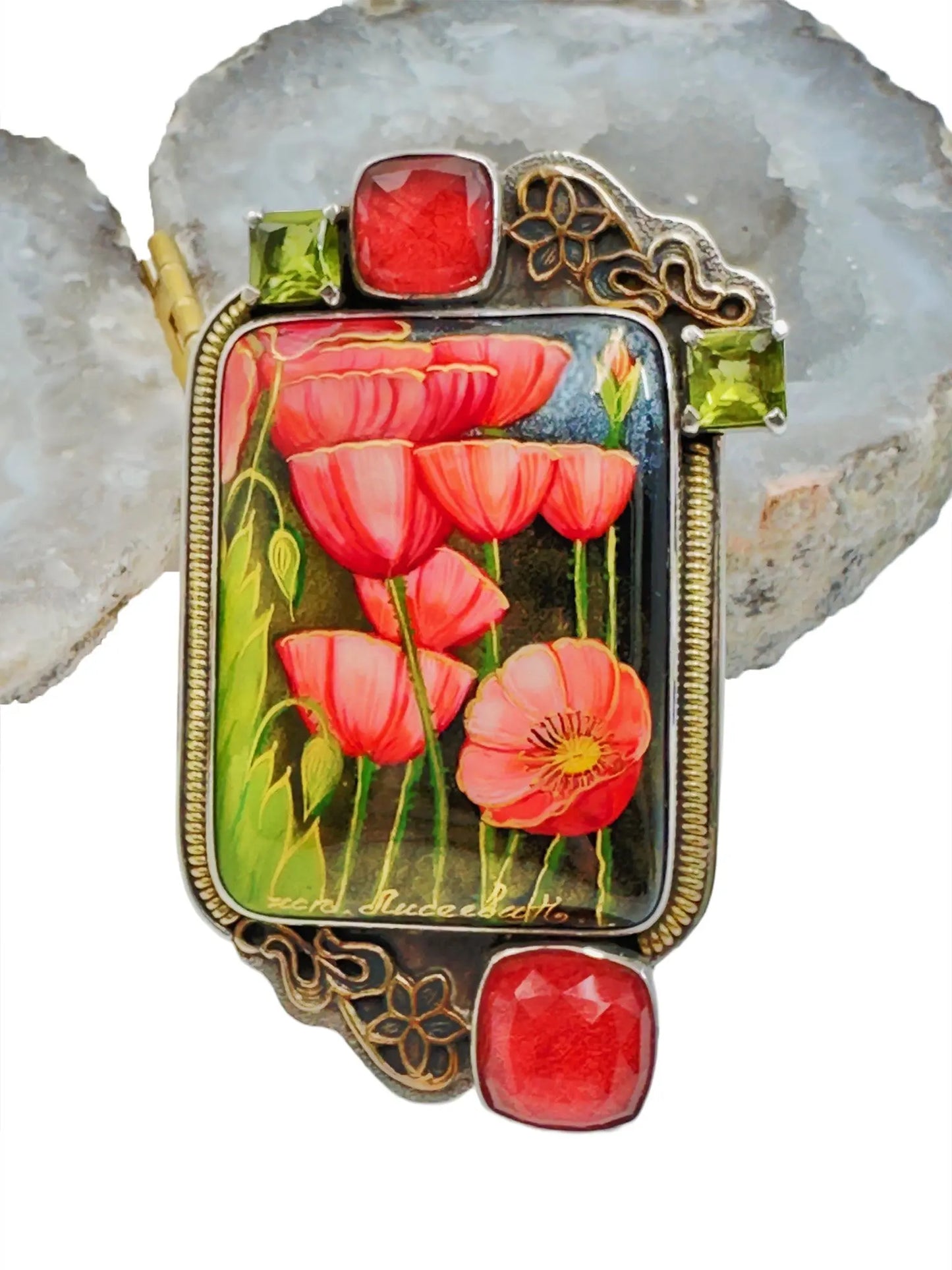 Hand-Painted Poppies on Black Onyx Sterling Silver Pin/Pendant