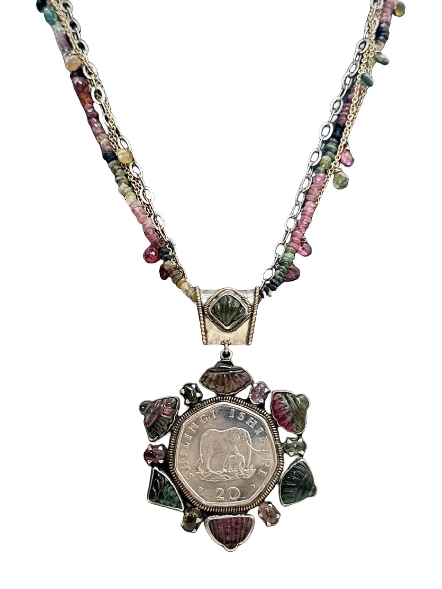 Elephant Coin Tourmaline Pendant Necklace