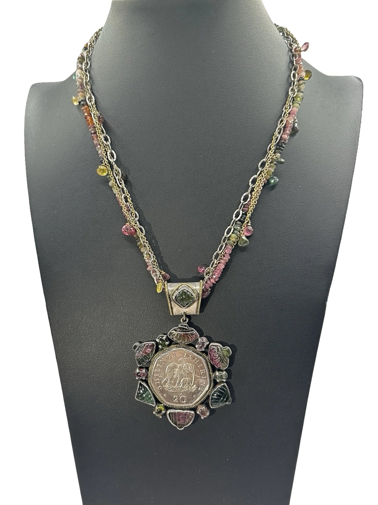 Elephant Coin Tourmaline Pendant Necklace