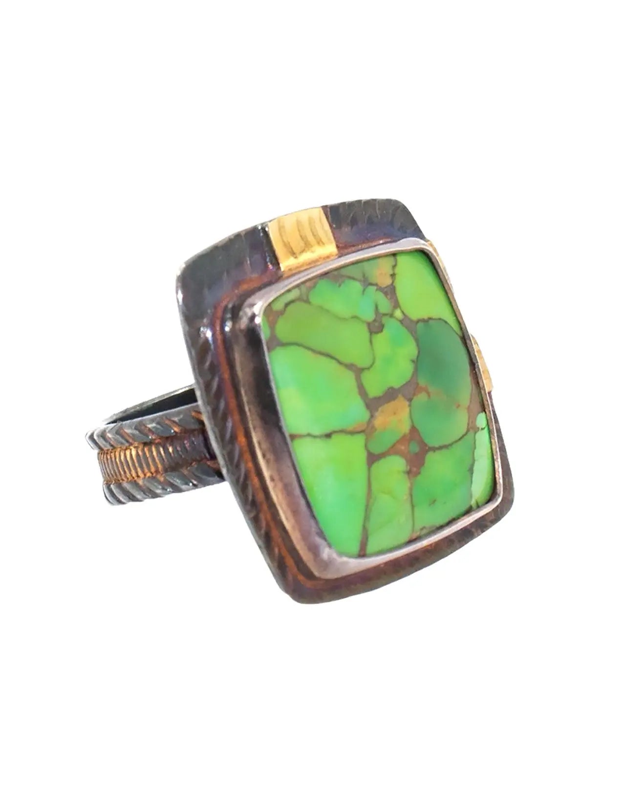 Green Mosaic Turquoise Ring With 18K Gold Accents – Size 7.75