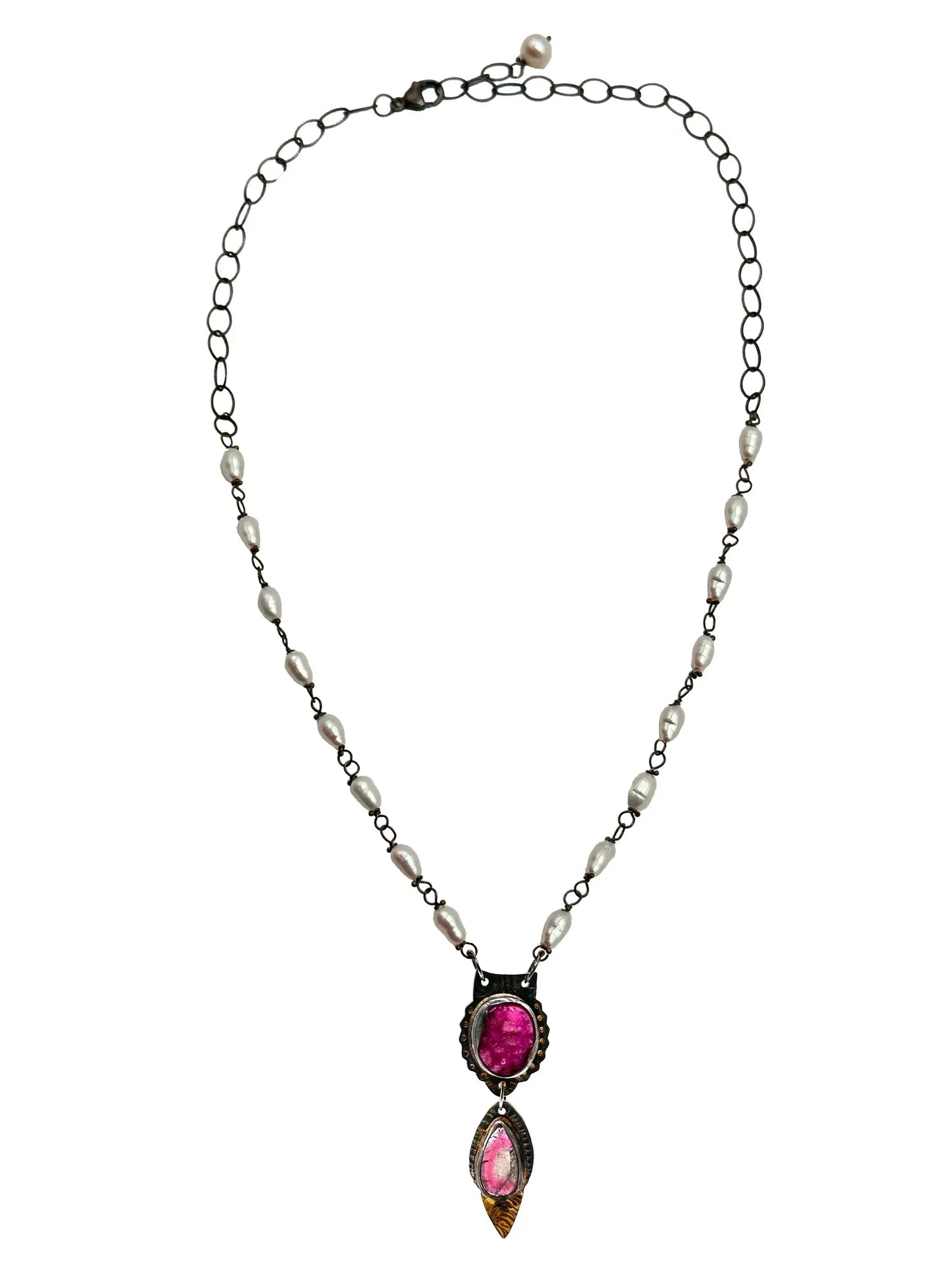 Cobalto Calcite Druzy and Pink Tourmaline Pendant Necklace