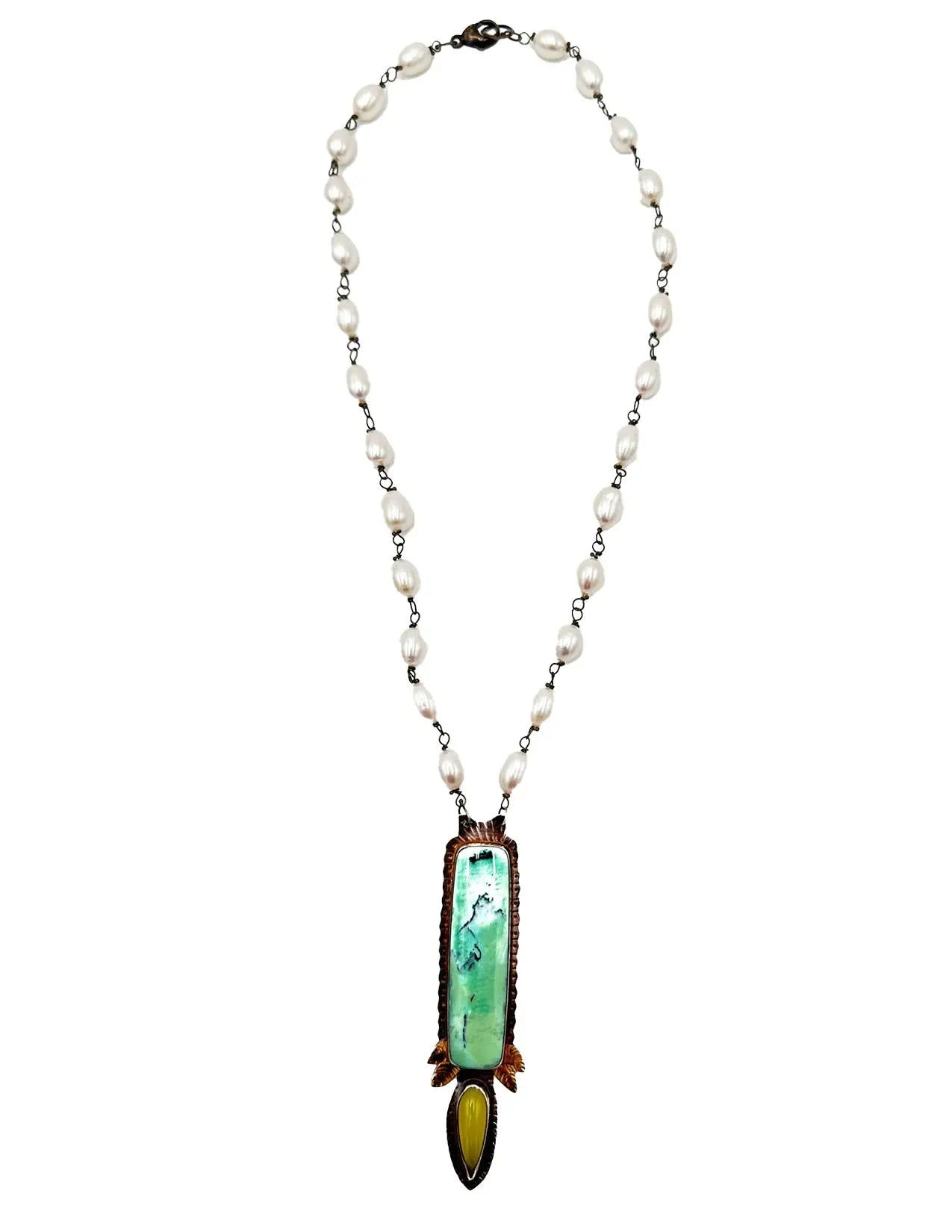 Blue Opal Petrified Wood and Green Tourmaline Pendant Necklace With SS Pearl Chain
