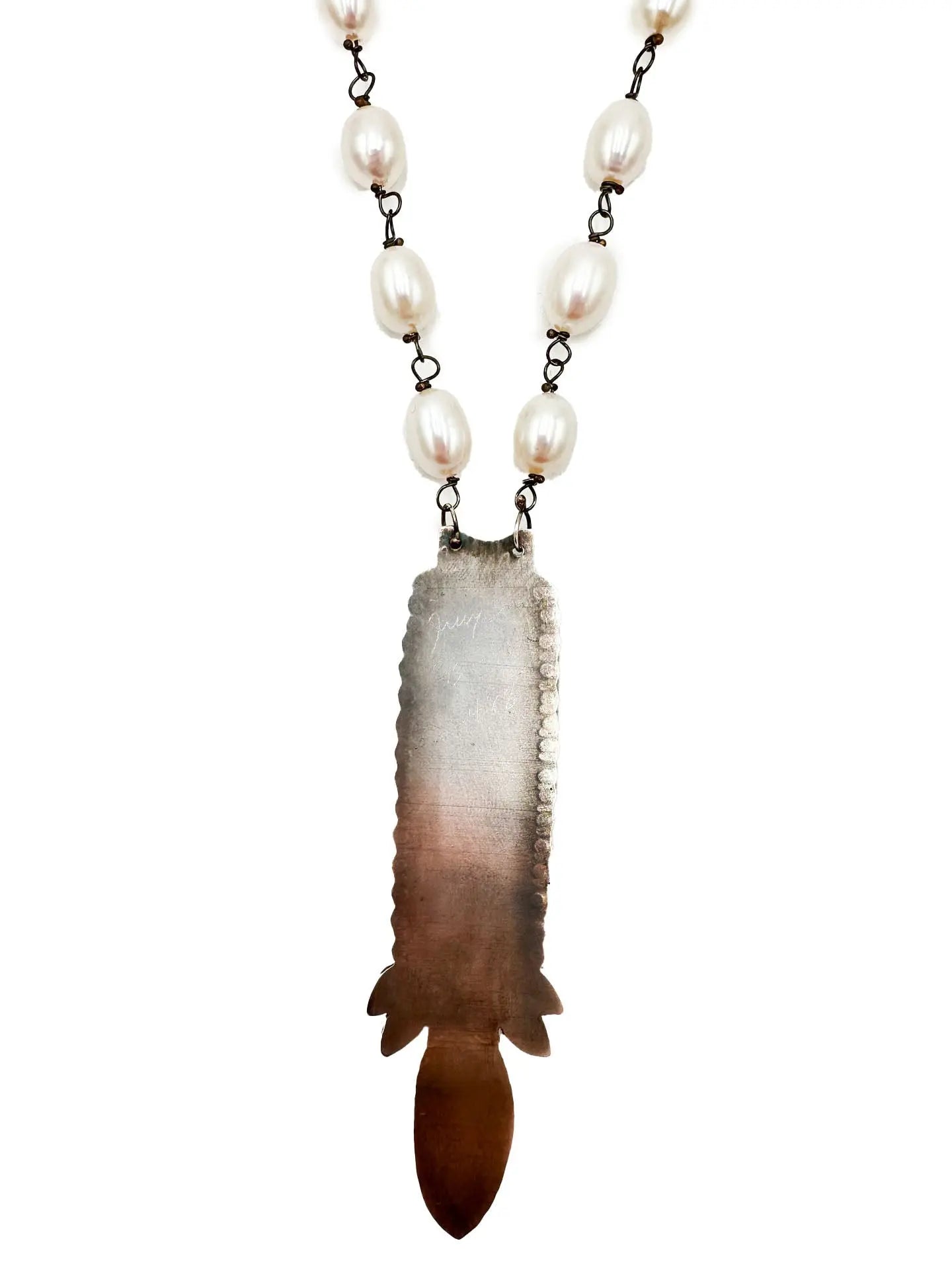 Blue Opal Petrified Wood and Green Tourmaline Pendant Necklace With SS Pearl Chain
