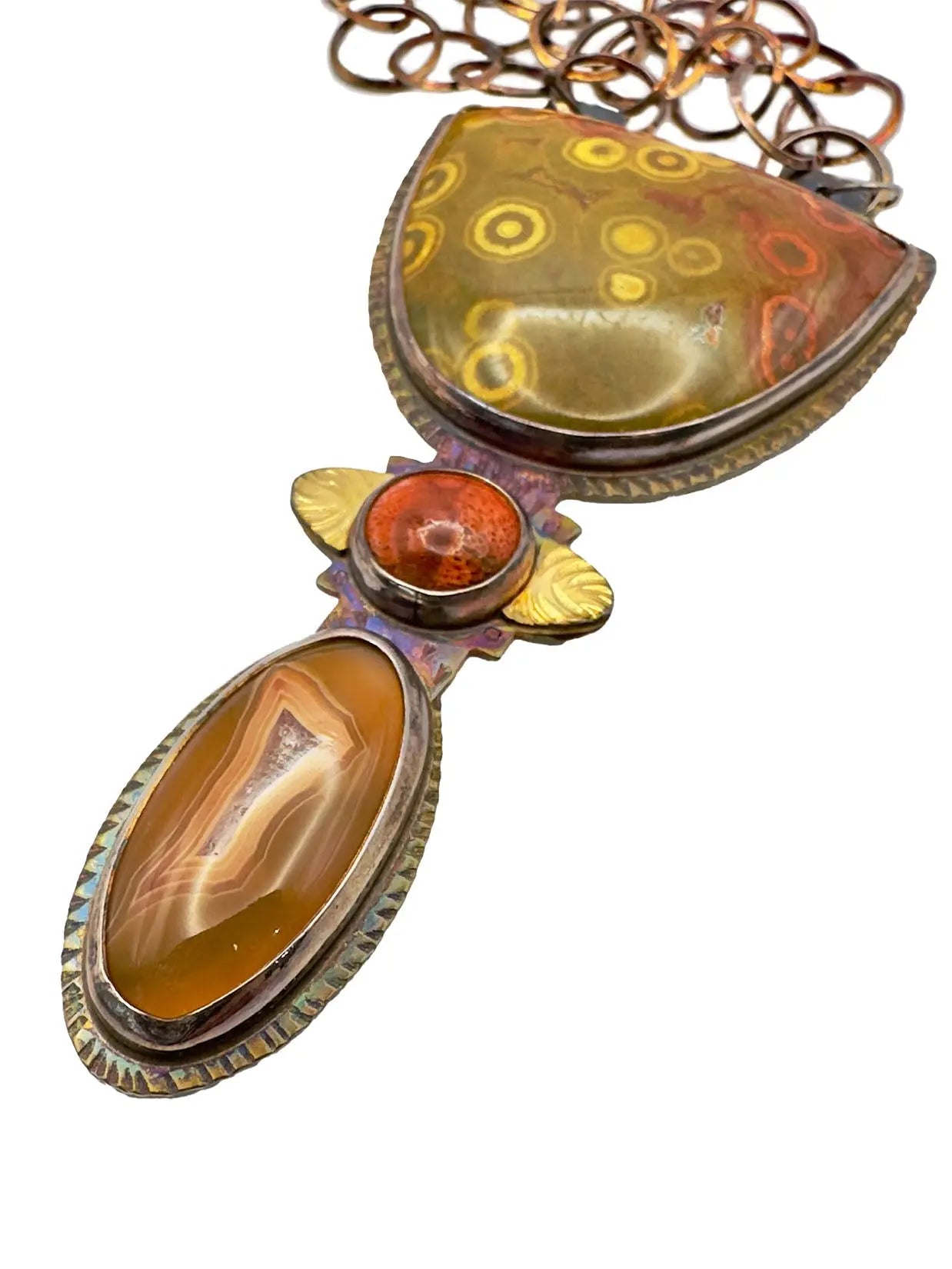 Ocean Jasper, Apple Coral, and Laguna Agate Pendant Necklace
