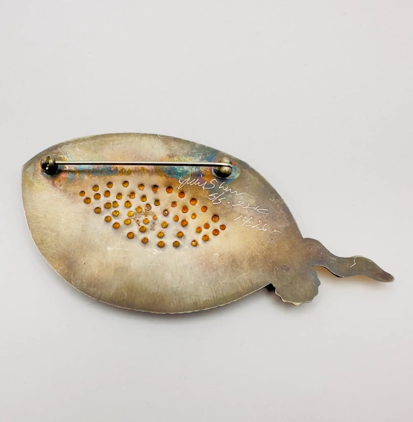 Hand-Painted Oval Brooch with Mesh Embellishment