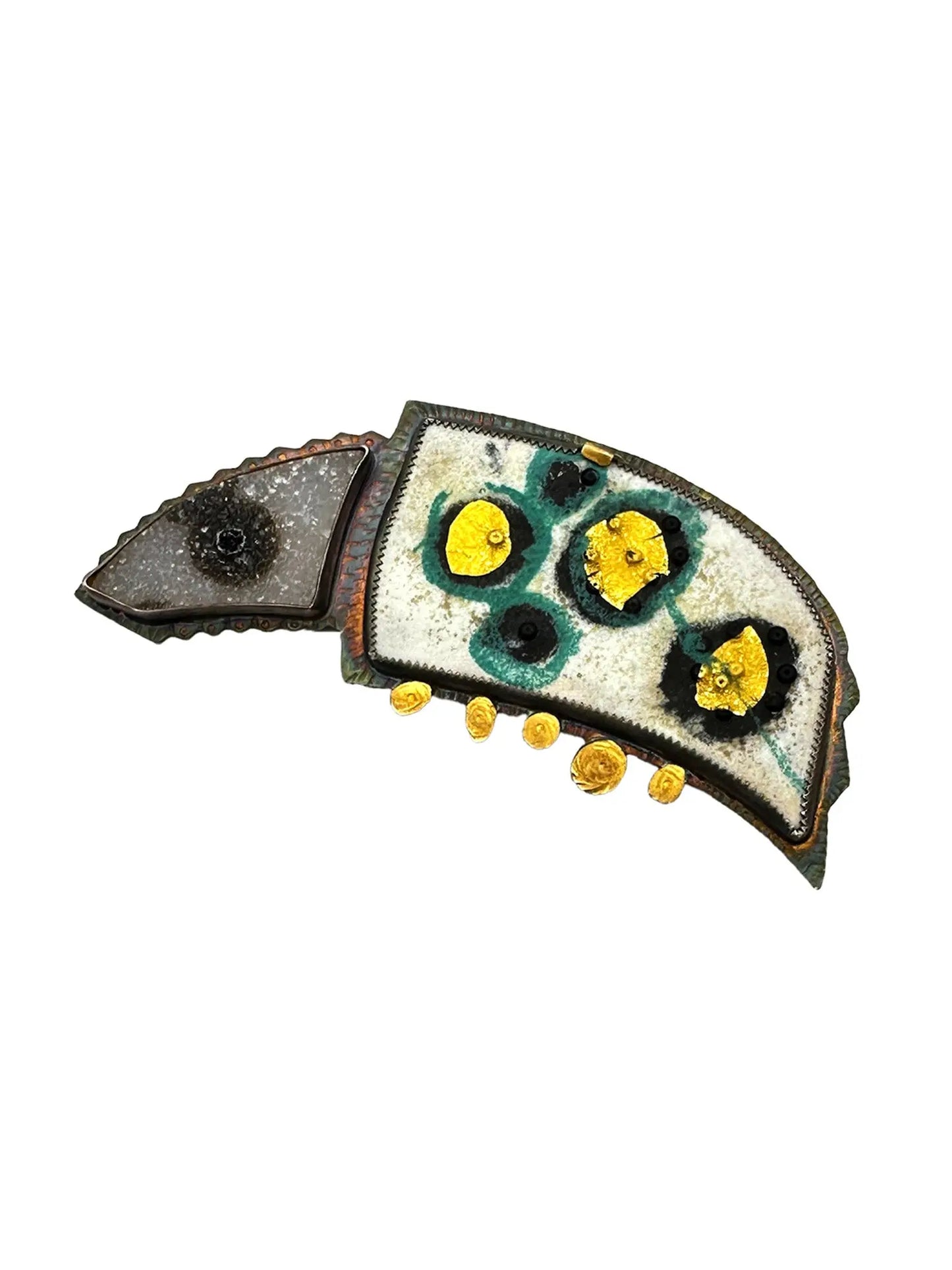 White Druzy Quartz Brooch with Enamel Embellishments