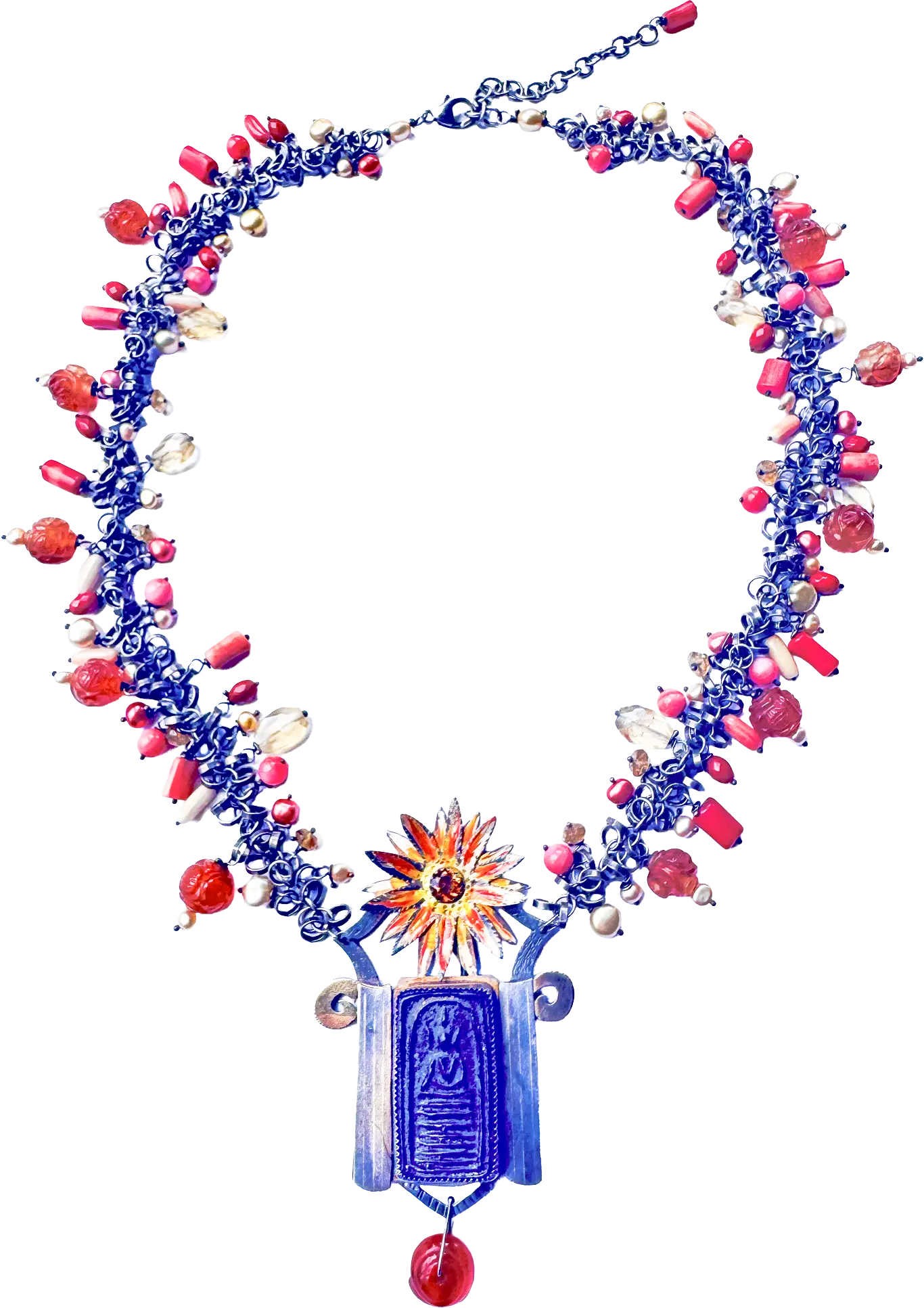 "Boushra" Antique Buddha Necklace with Coral & Citrine Beads