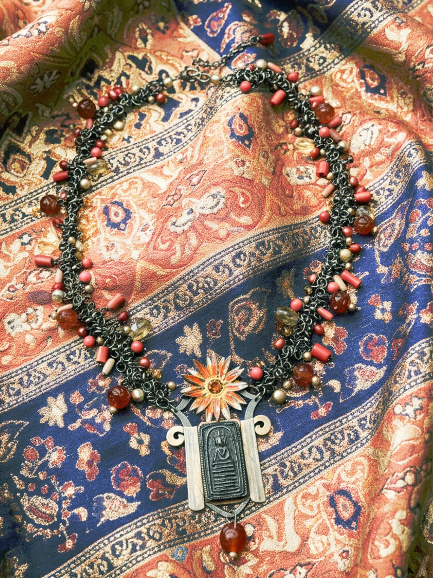 "Boushra" Antique Buddha Necklace with Coral & Citrine Beads