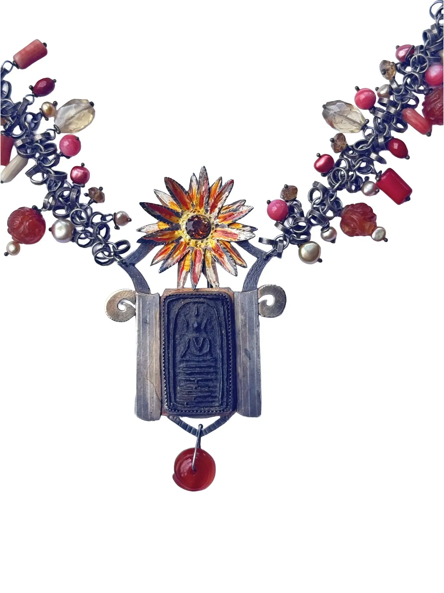 "Boushra" Antique Buddha Necklace with Coral & Citrine Beads