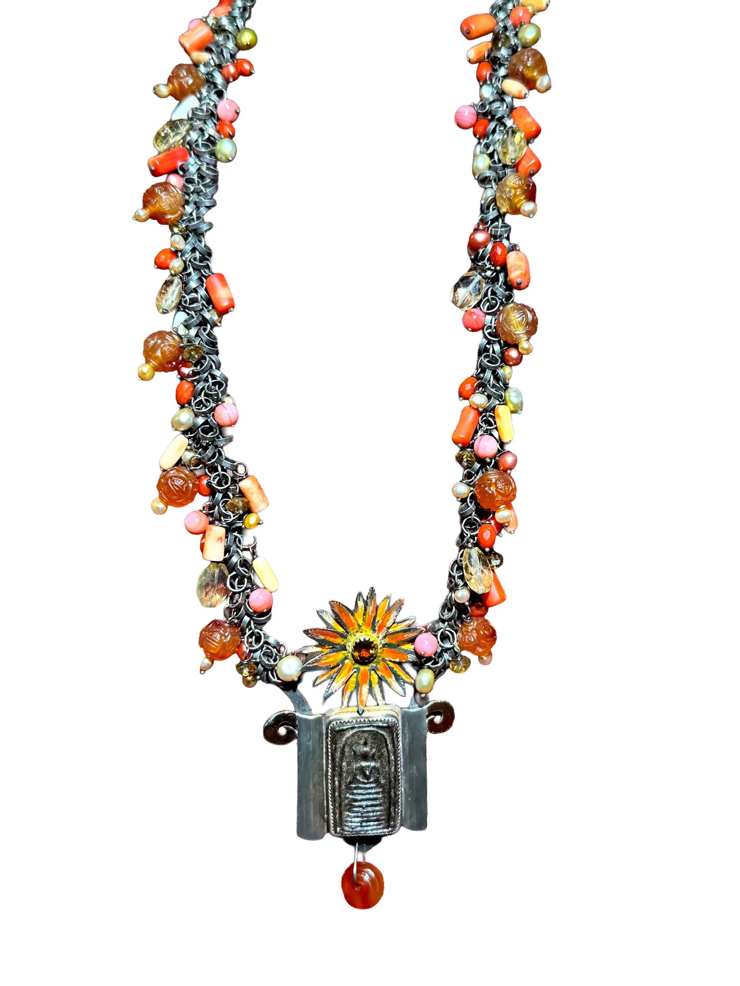 "Boushra" Antique Buddha Necklace with Coral & Citrine Beads