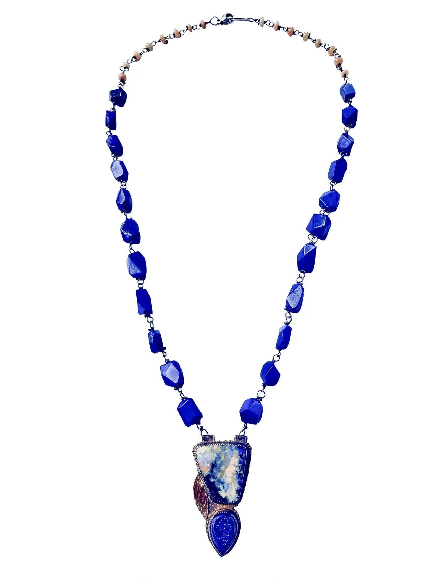 Opal Boulder, Druzy Agate & Lapis Lazuli Necklace in Silver & 22K Gold