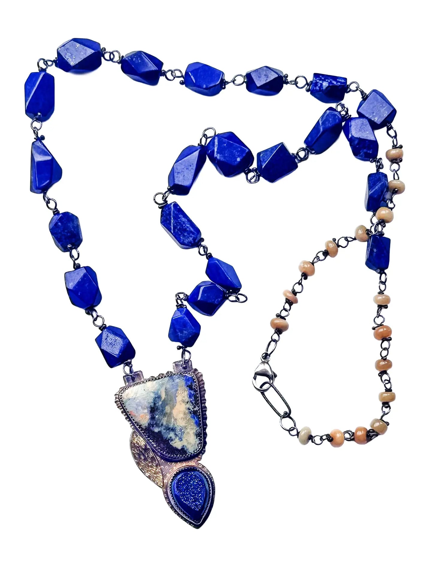 Opal Boulder, Druzy Agate & Lapis Lazuli Necklace in Silver & 22K Gold
