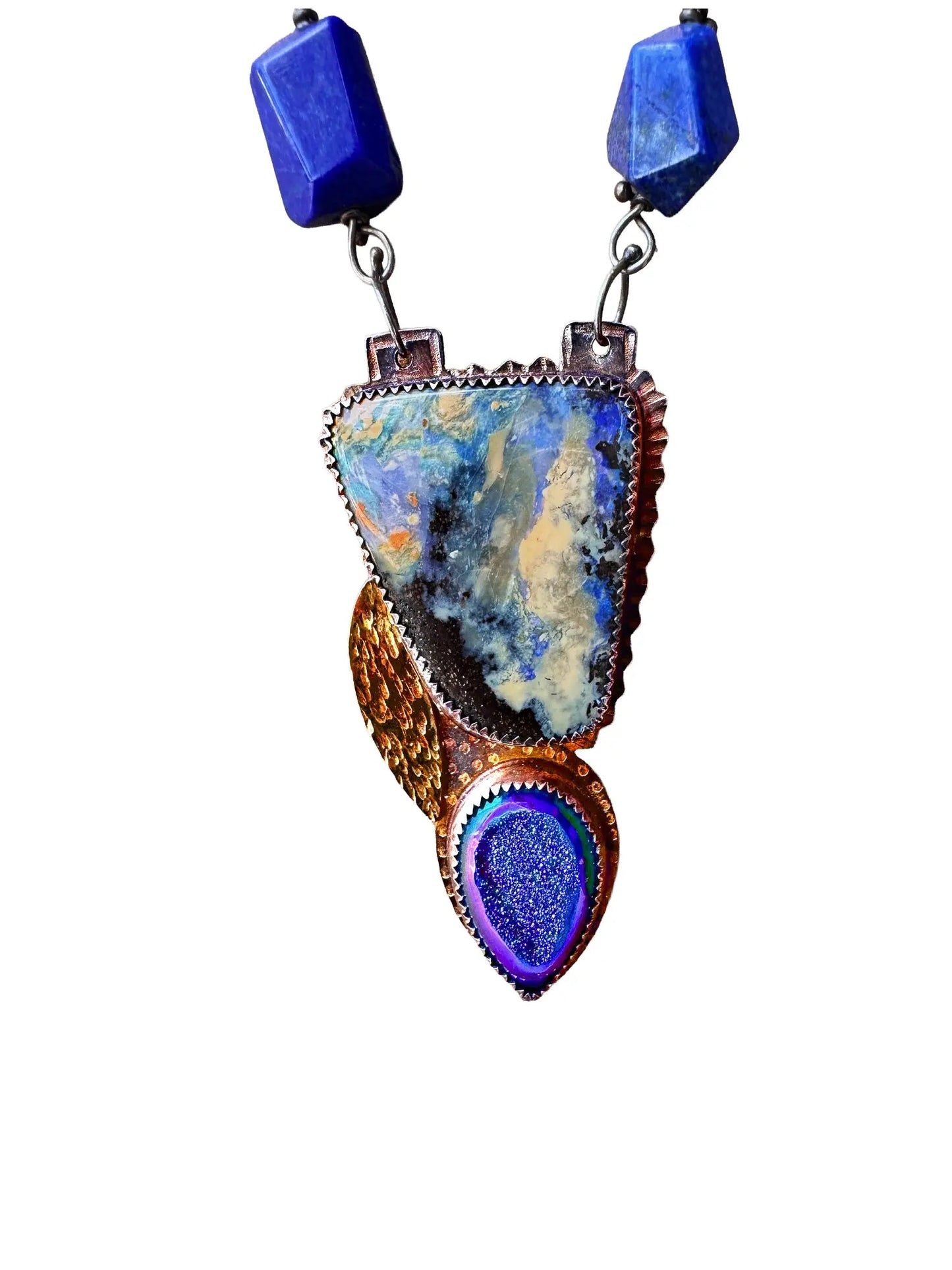 Opal Boulder, Druzy Agate & Lapis Lazuli Necklace in Silver & 22K Gold
