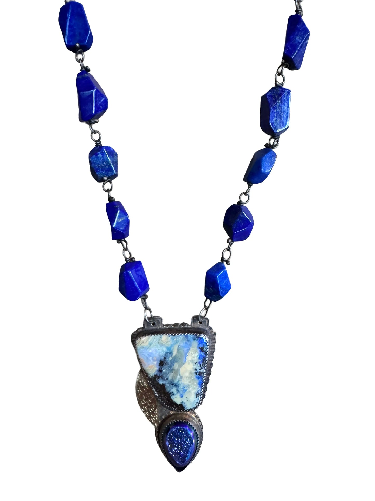 Opal Boulder, Druzy Agate & Lapis Lazuli Necklace in Silver & 22K Gold