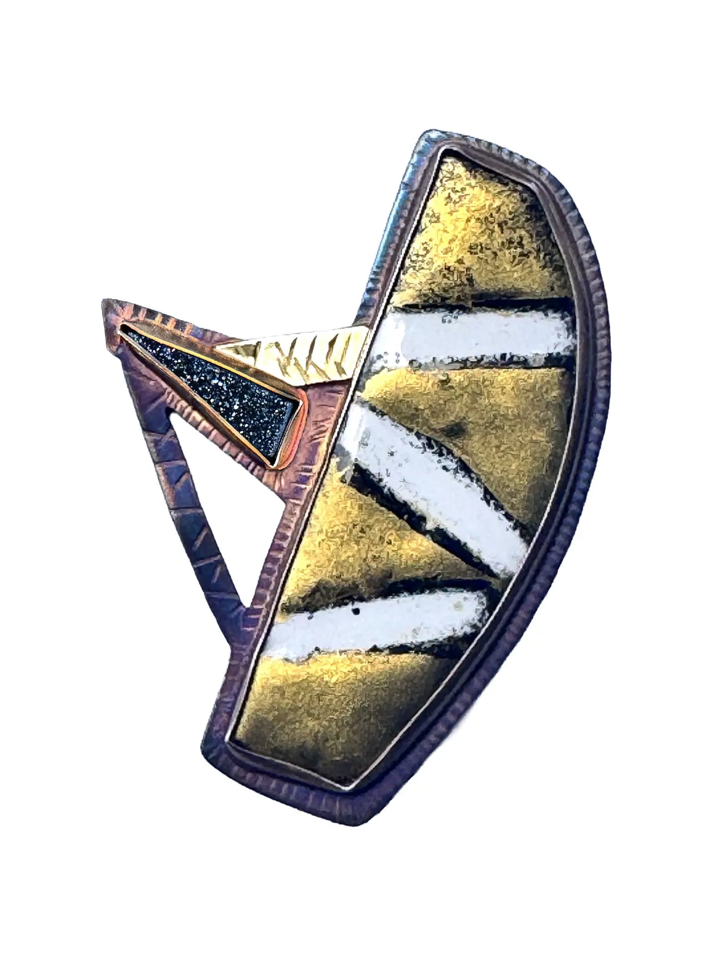 "Golden Odyssey" Brooch with Black Quartz Druzy, 18k Gold & Silver