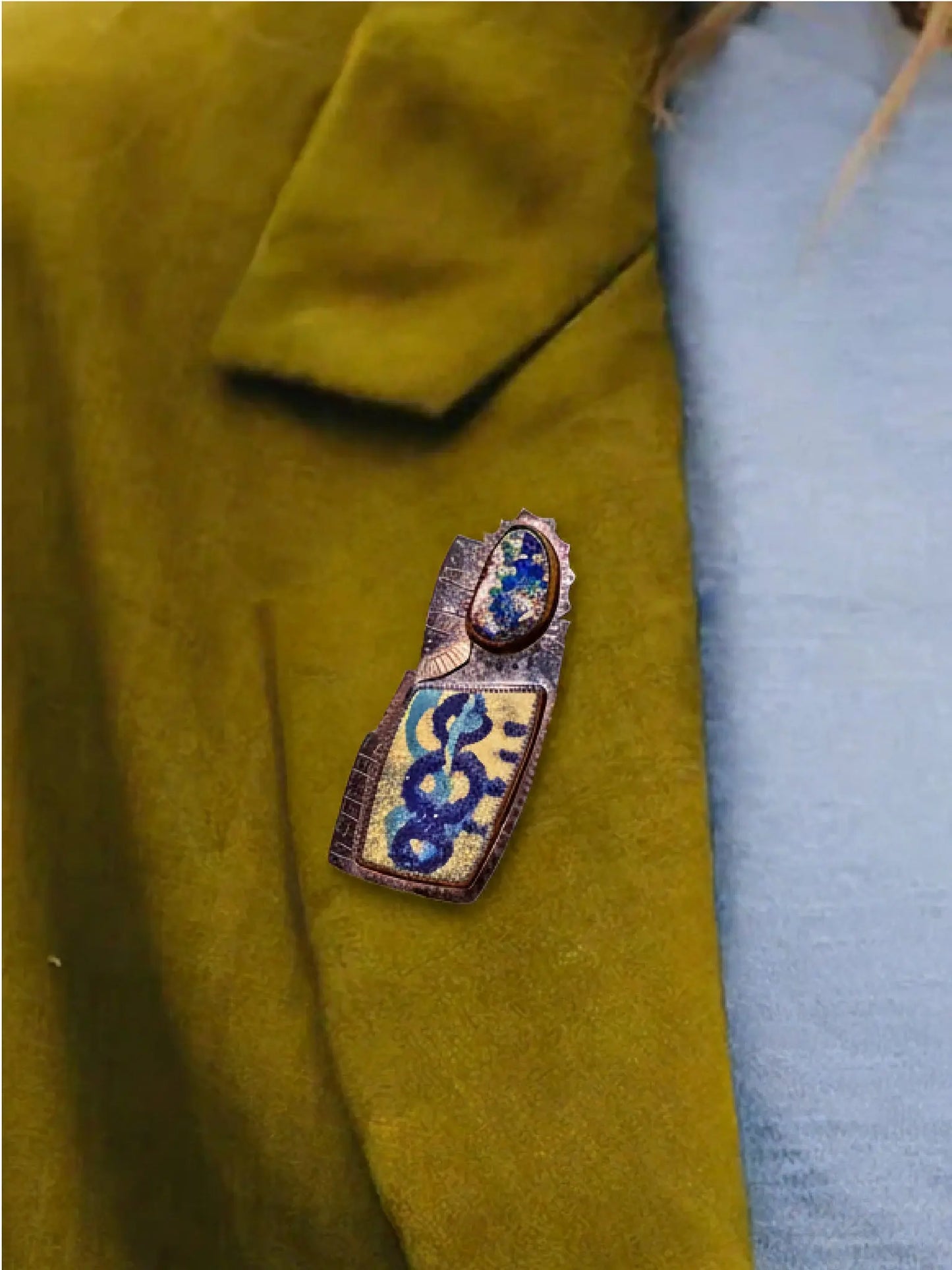 "Cobalt Crest" Brooch with Carnelian, Mookaite Jasper & Pearls
