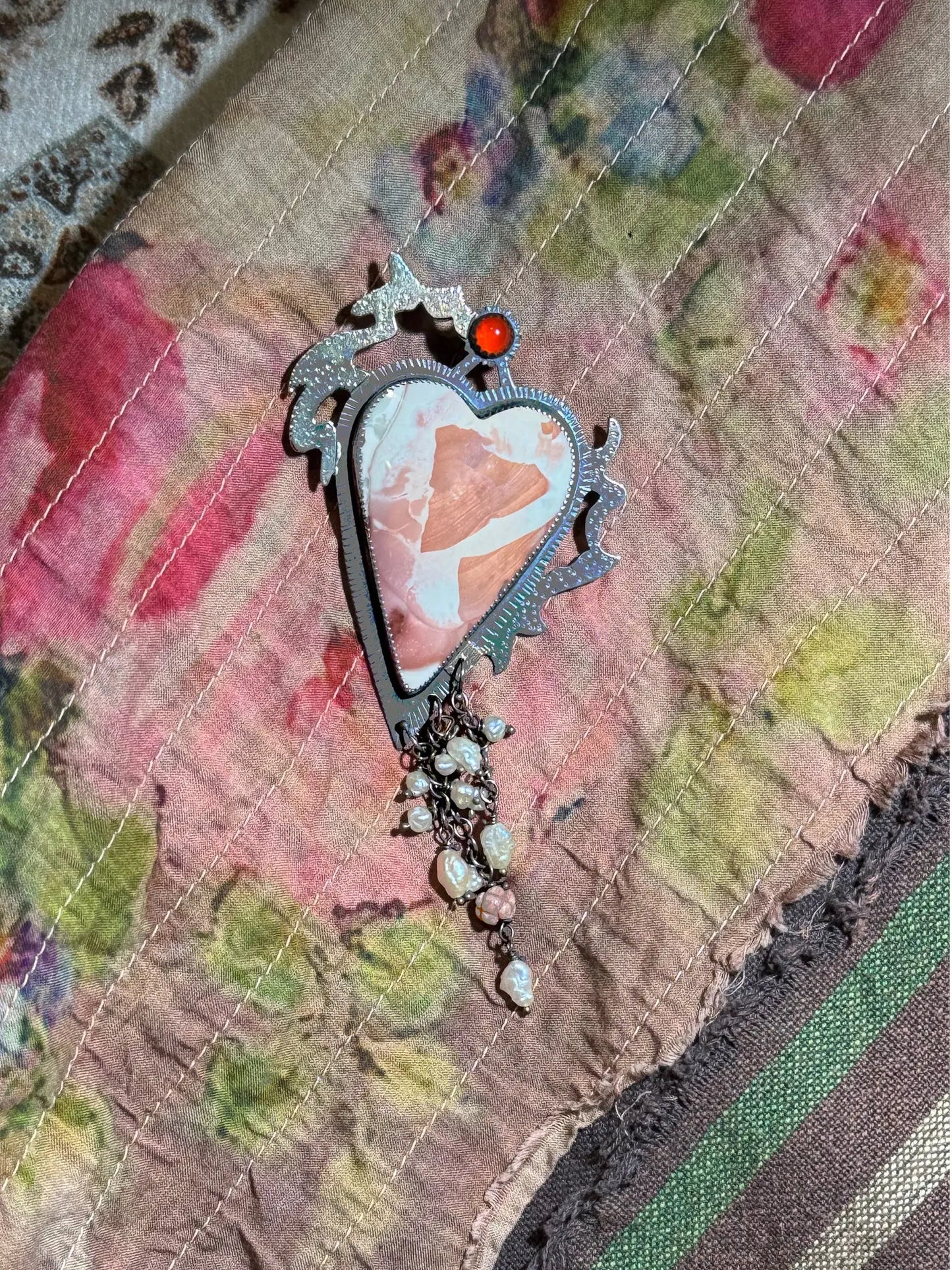 "Roseheart" Pendant with Carnelian, Mookaite Jasper & Pearls