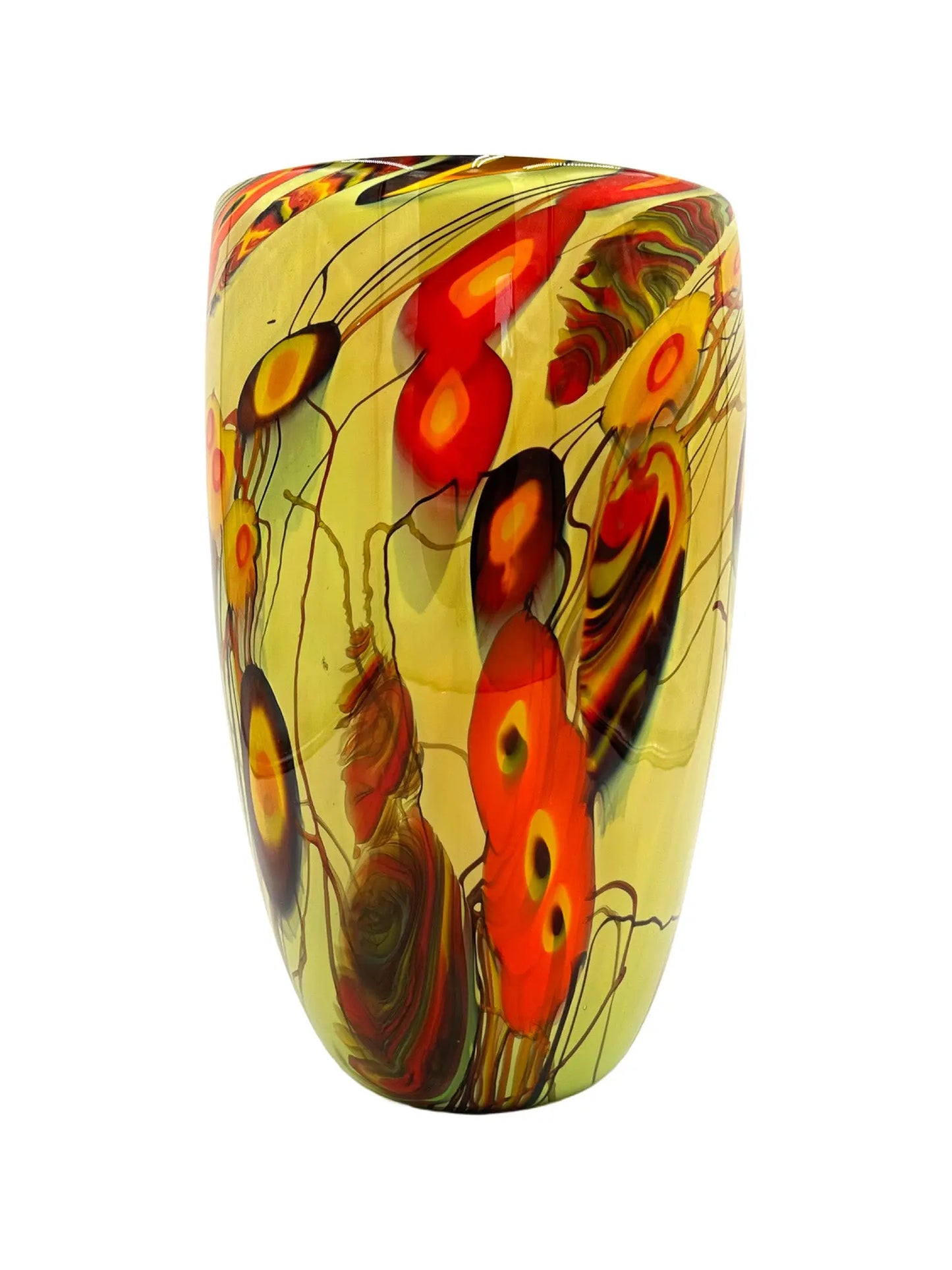 A handblown glass vase titled 'Solar Boom' featuring bold, abstract splashes of red, orange, yellow, and black with flowing organic patterns. Dimensions are approximately 7 inches wide, 12 inches deep, and 13 inches high, weighing 6.35 pounds. Perfect as a statement piece or for avant-garde floral displays in contemporary spaces.