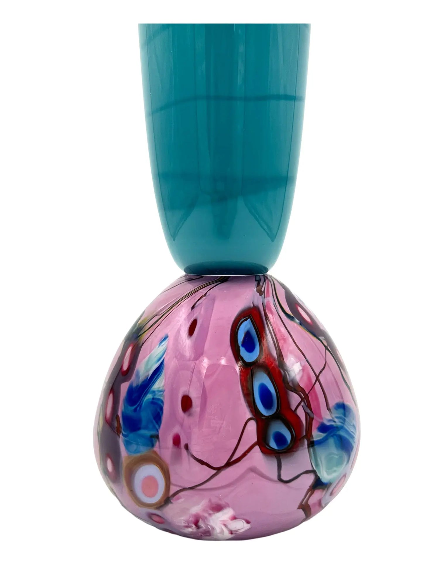 This glass art piece titled 'Cotton Candy' by Steve Palmer features a sleek turquoise body with a vibrant swirl of purple, pink, and blue at the base, blending contemporary design with craftsmanship. It can serve as a sculpture or functional vase, measuring 3" wide, 15" high, and weighing 3.7 lbs.