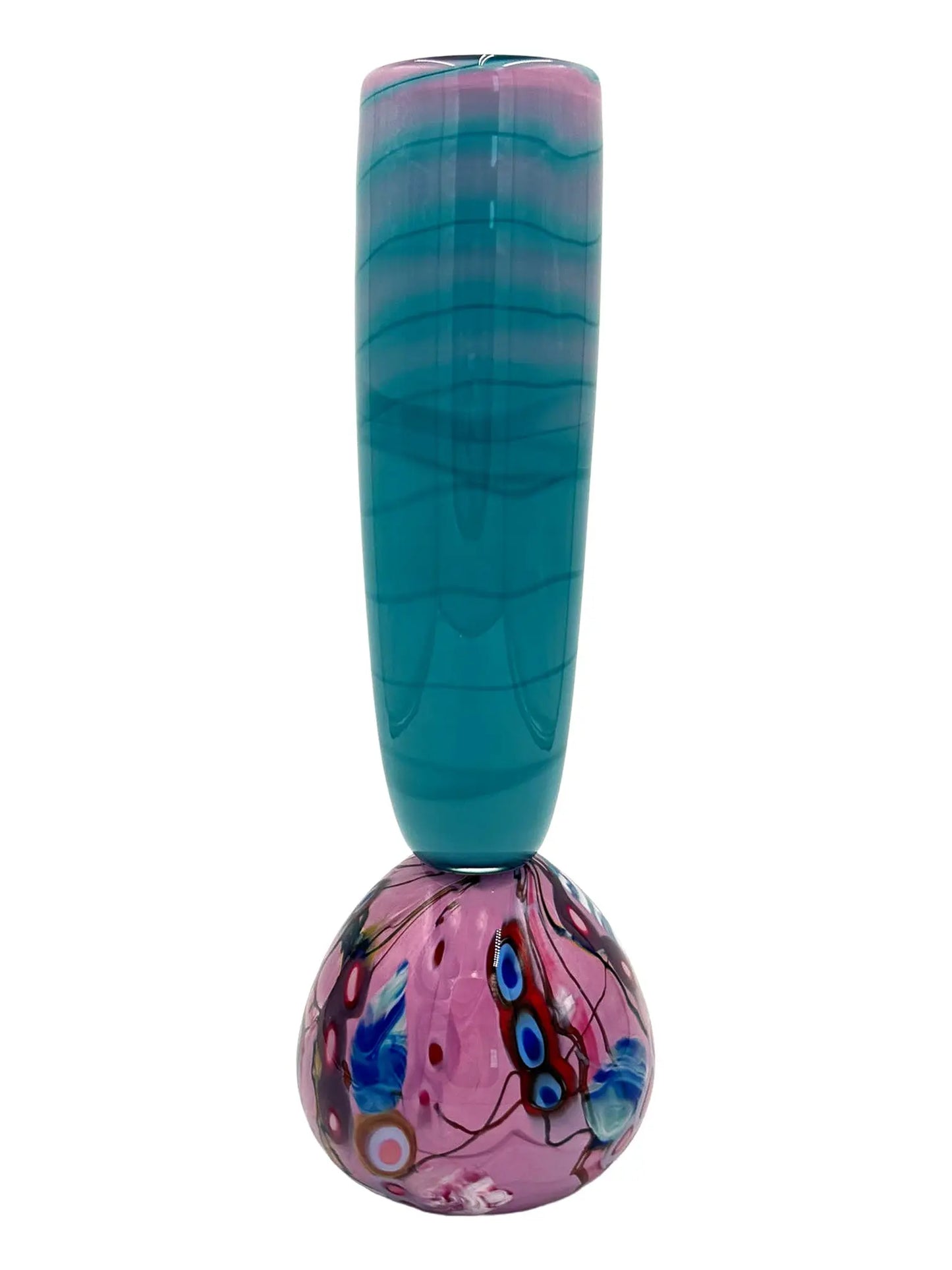 This glass art piece titled 'Cotton Candy' by Steve Palmer features a sleek turquoise body with a vibrant swirl of purple, pink, and blue at the base, blending contemporary design with craftsmanship. It can serve as a sculpture or functional vase, measuring 3" wide, 15" high, and weighing 3.7 lbs.