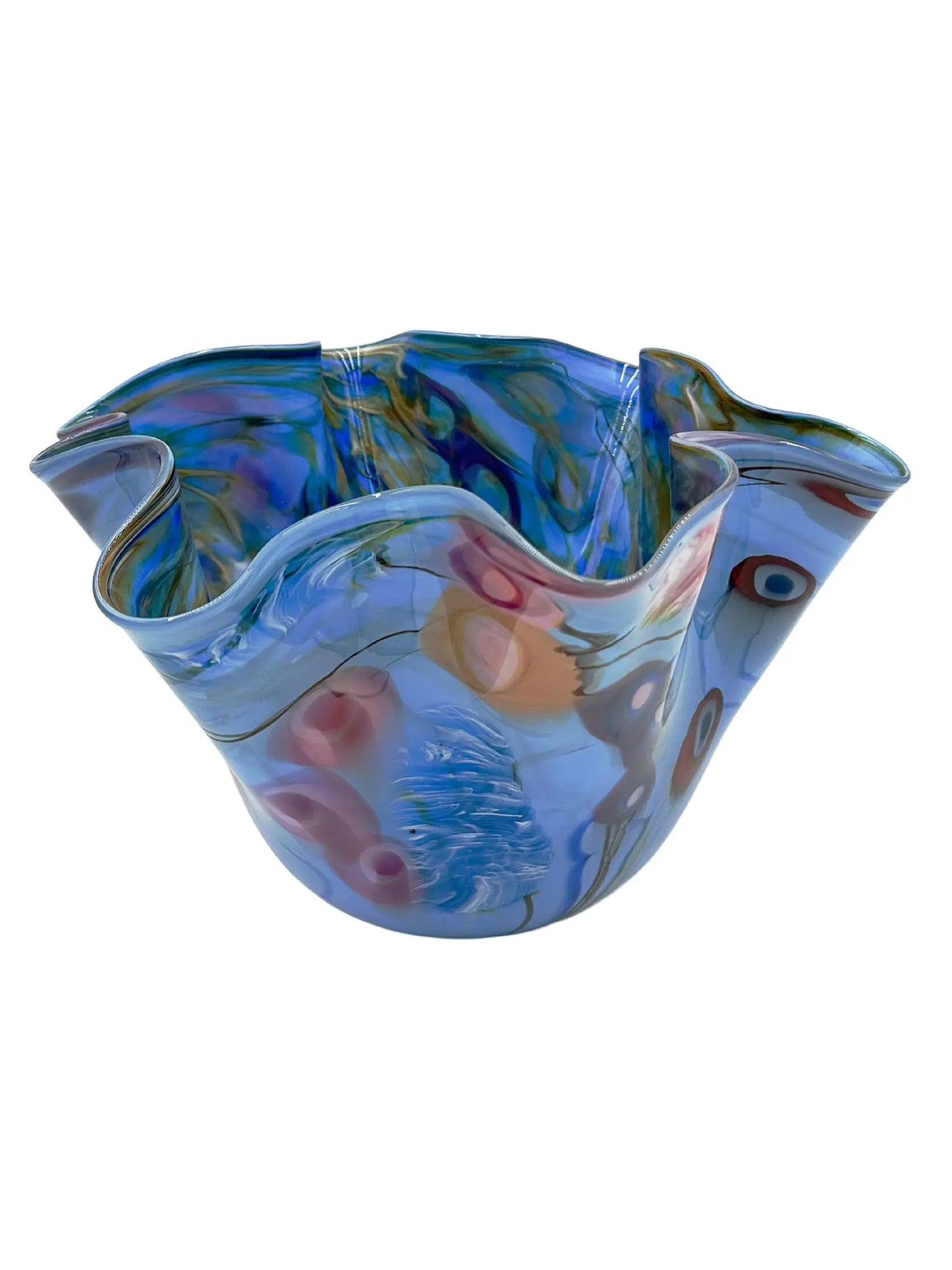 Ocean Song by Steve Palmer is a handcrafted glass bowl inspired by underwater life, featuring ruffled edges and a sky-blue base with vibrant abstract red, orange, pink, and deep blue patterns, conveying movement and energy. Measures approximately 13" wide, 9" high, and weighs 6.15 lbs.