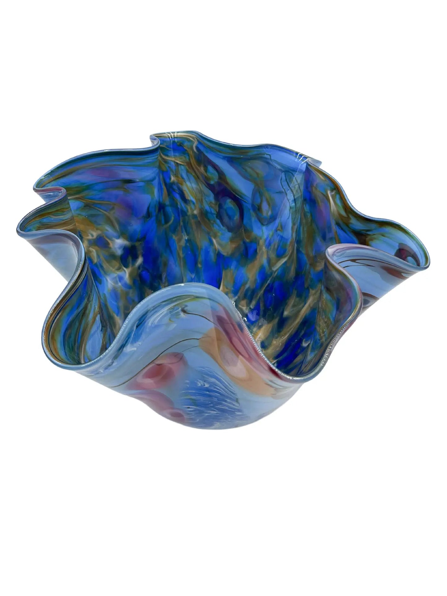 Ocean Song by Steve Palmer is a handcrafted glass bowl inspired by underwater life, featuring ruffled edges and a sky-blue base with vibrant abstract red, orange, pink, and deep blue patterns, conveying movement and energy. Measures approximately 13" wide, 9" high, and weighs 6.15 lbs.