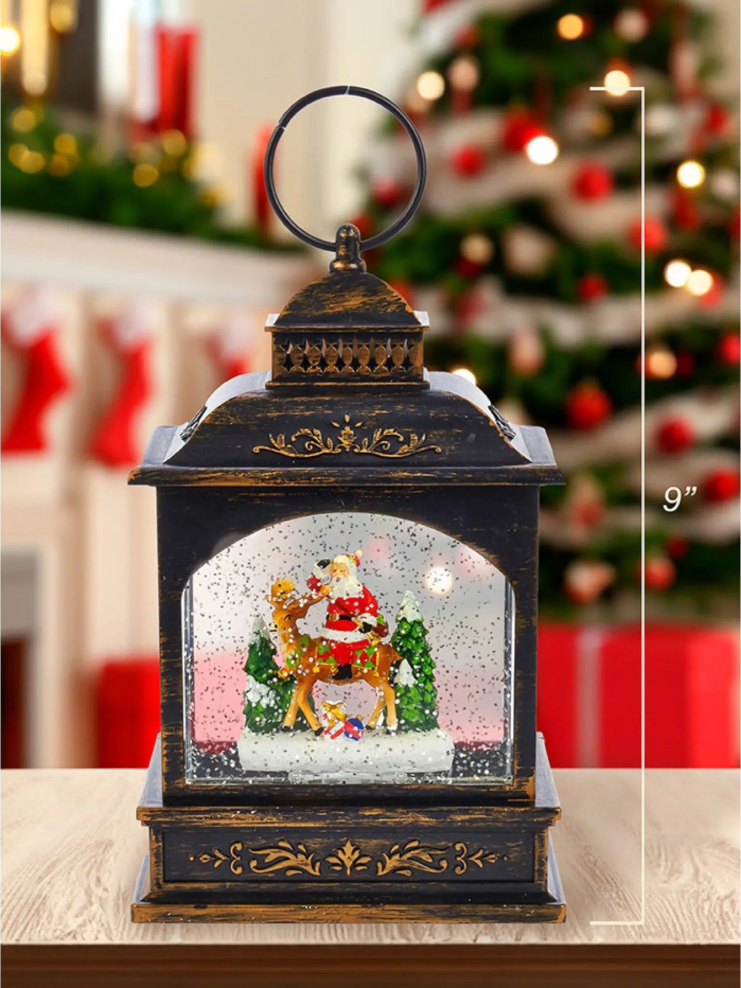 Light-up Santa & Reindeer Lantern With Swirling Glitter | 9-Inch Led Snow Globe