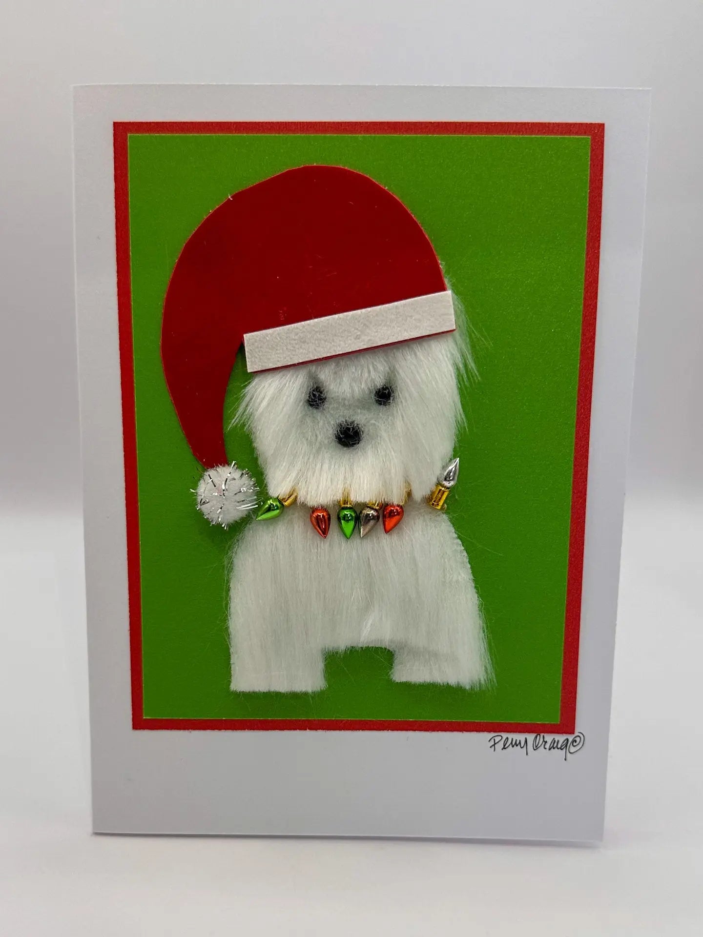 White Dog With Santa Hat Christmas Card