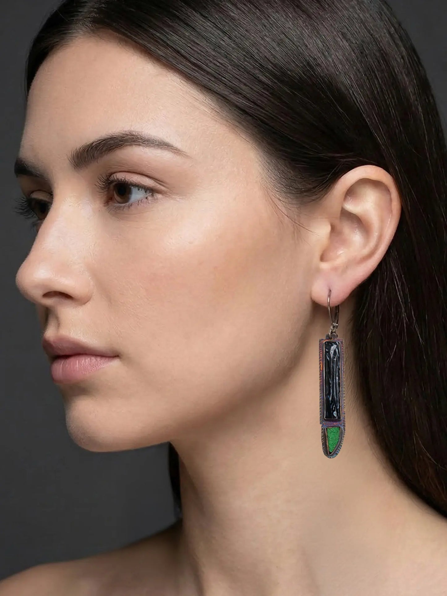 Fossilized Palm Stone & Uvarovite Green Druzy Dangle Earrings by Julie Shaw Designs