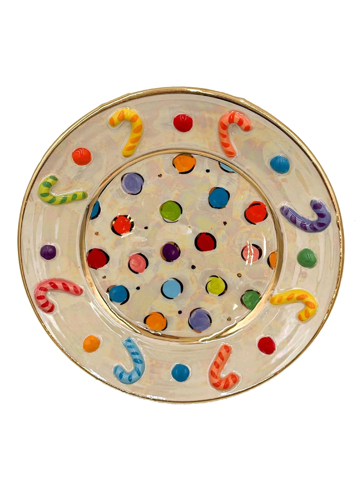 Candy Cane Dinner Plate with Multi-Colored Dots