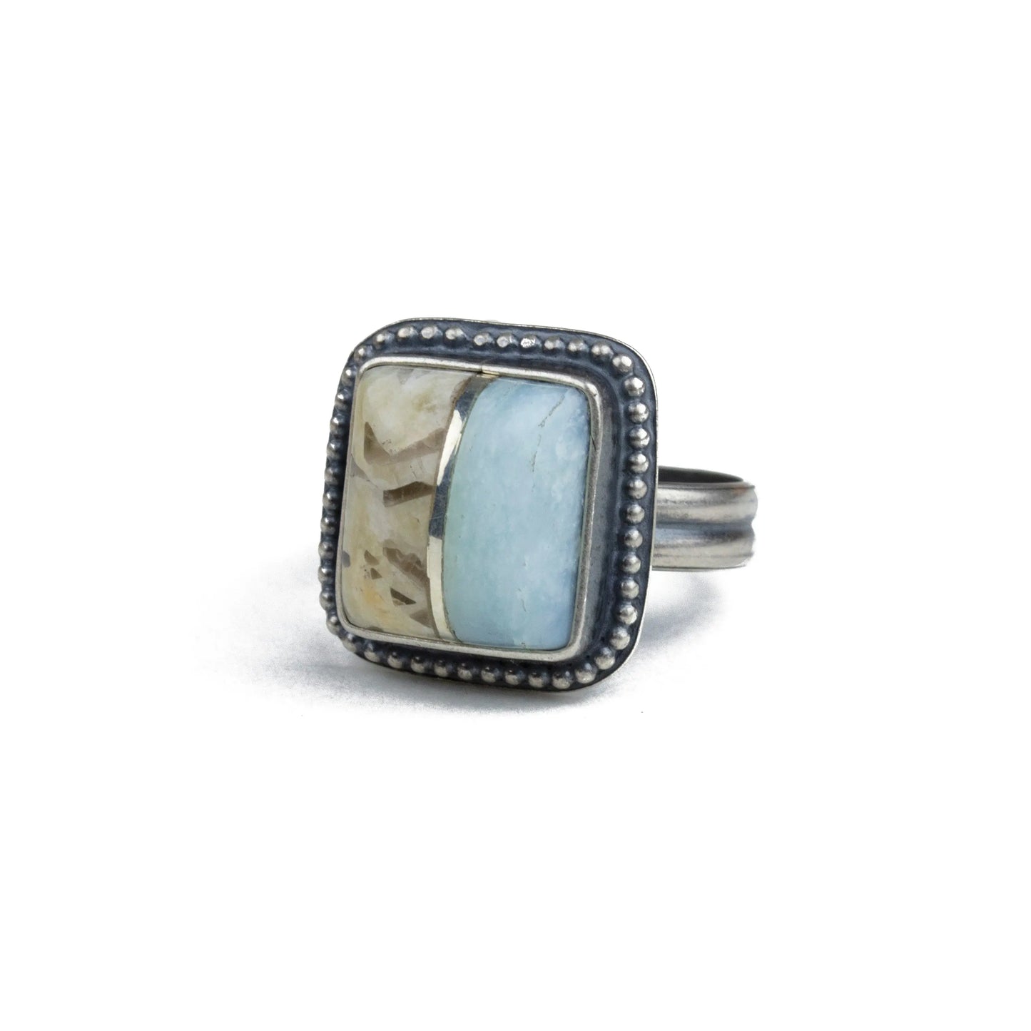 2-Stone Intarsia Beaded Square Ring