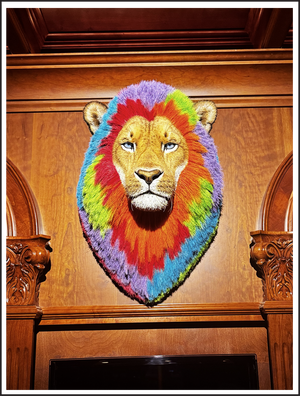 Custom Lion Head: Mixed media wall sculpture, by Ann Andersson. The artist uses sculpting and painting combined with her intuitive knowledge and
attention to the tiniest detail to capture these endangered species down to their very whiskers. The sisal,
handmade from agave fibers, golden eyes are hand painted, fired glass. The nose is individually sculpted in clay,
creating a truly remarkable lifelike art form in every aspect.