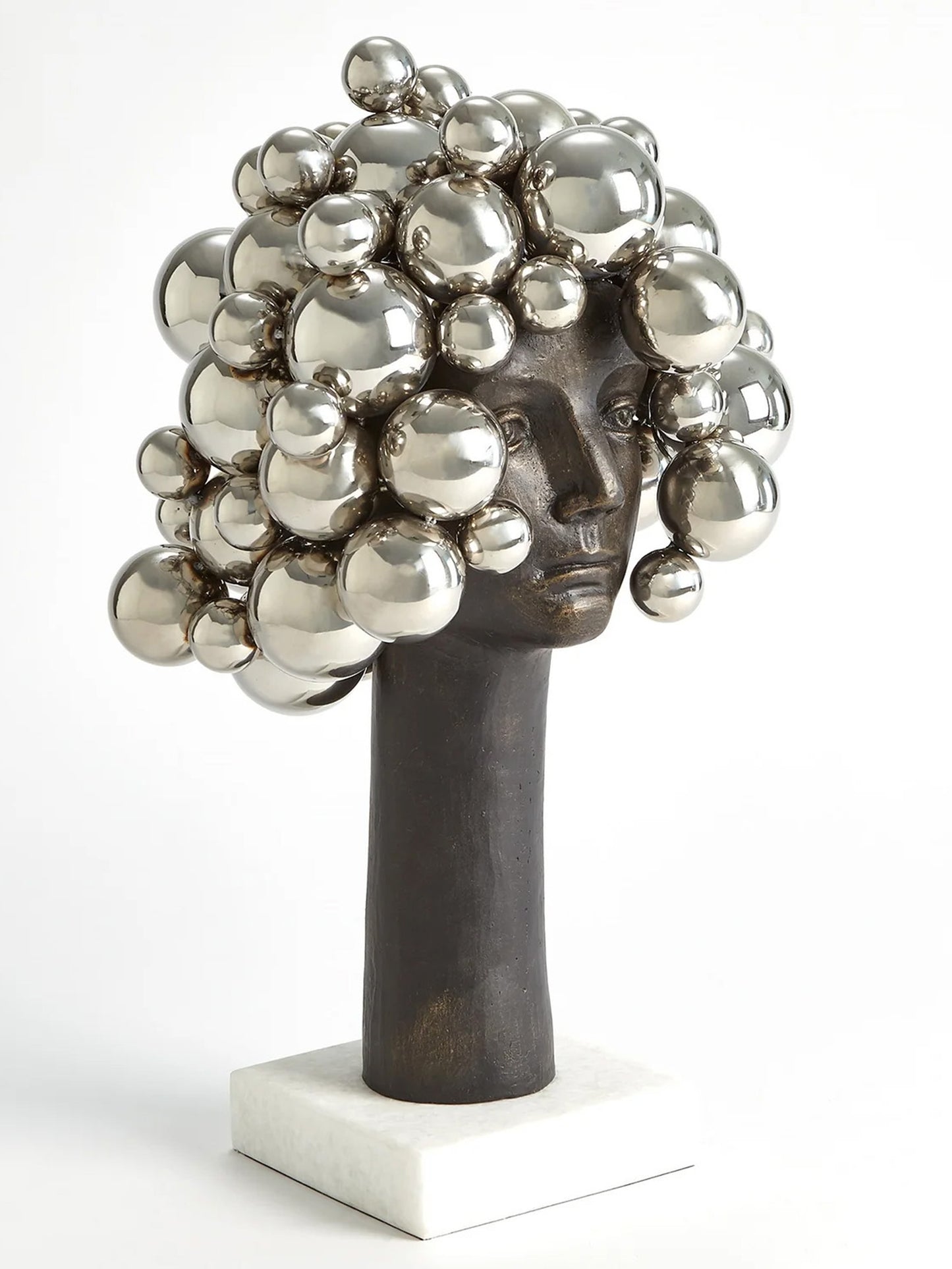 This description provides detailed information about the "Bubbles for Brains" sculpture by Global Views. The whimsical nickel bust adds humor and levity to any space, making it suitable for offices or homes. It symbolizes those overwhelmed moments when bubbles seem to float above one's head after hard work. Dimensions are approximately 13.75" long, 13" wide, and 23.25" high, with a base of 7" by 7" and weighing 24.9 lbs. A fun gift idea for tired assistants or oneself.