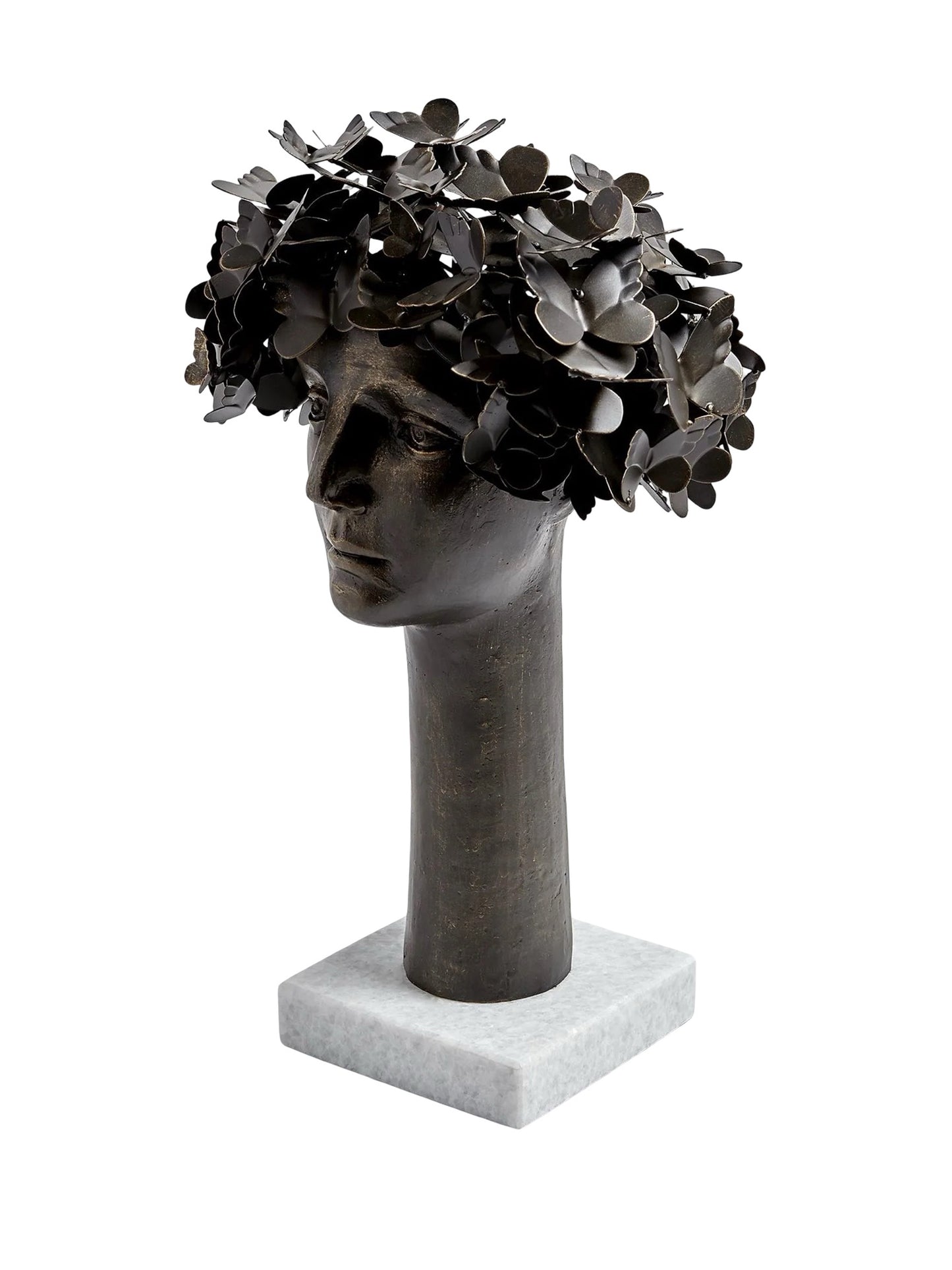 This detailed description presents 'Butterflies for Brains,' a bronze sculpture with gold highlights by Global Views Studios. It features a bust with iron butterflies emerging from the head, symbolizing thought and transformation. Set on a marble base, the piece measures approximately 16" x 12" x 23.5" and weighs 21.8 lbs., combining whimsy and introspection for any space.