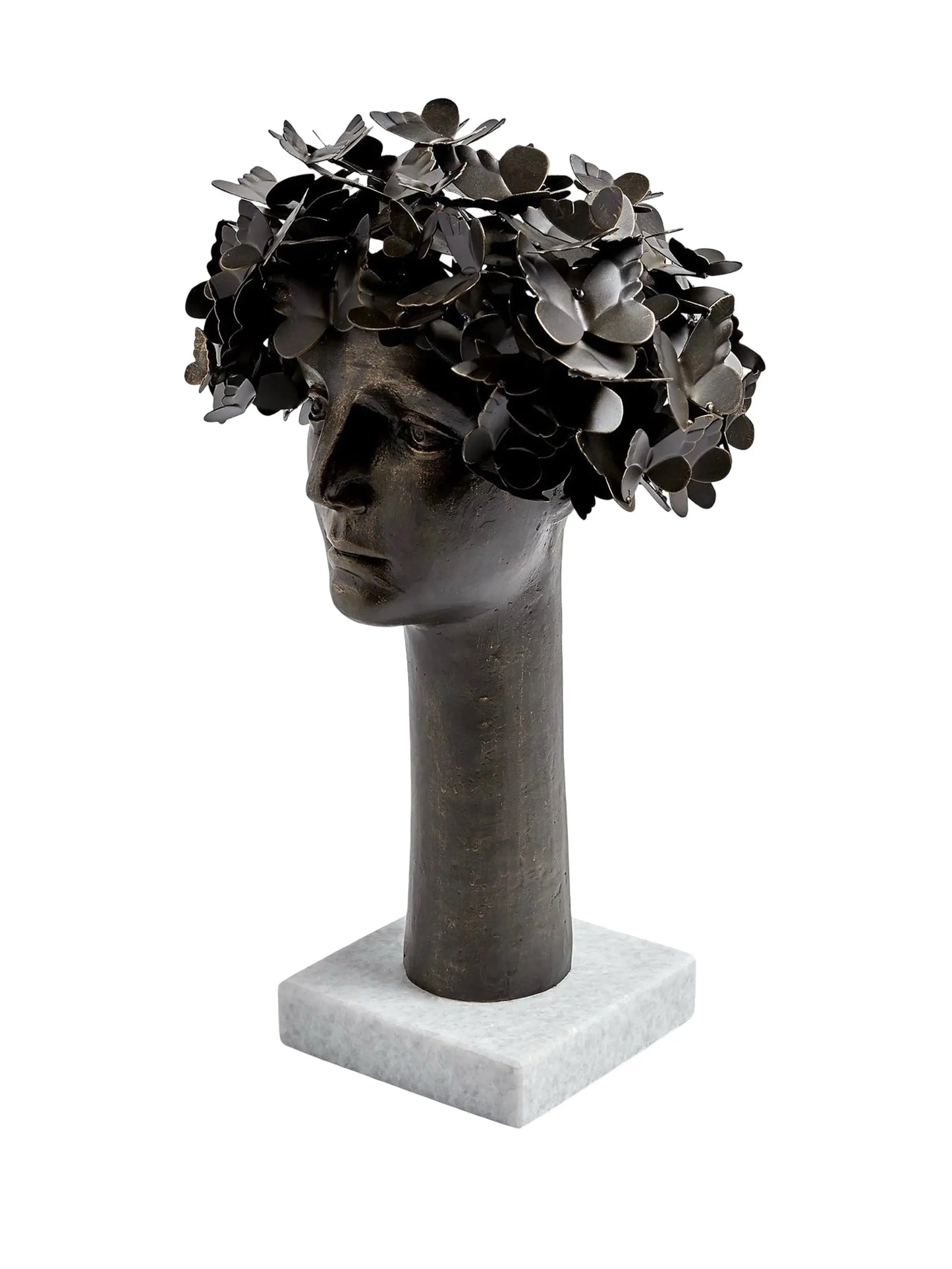 This detailed description presents 'Butterflies for Brains,' a bronze sculpture with gold highlights by Global Views Studios. It features a bust with iron butterflies emerging from the head, symbolizing thought and transformation. Set on a marble base, the piece measures approximately 16" x 12" x 23.5" and weighs 21.8 lbs., combining whimsy and introspection for any space.