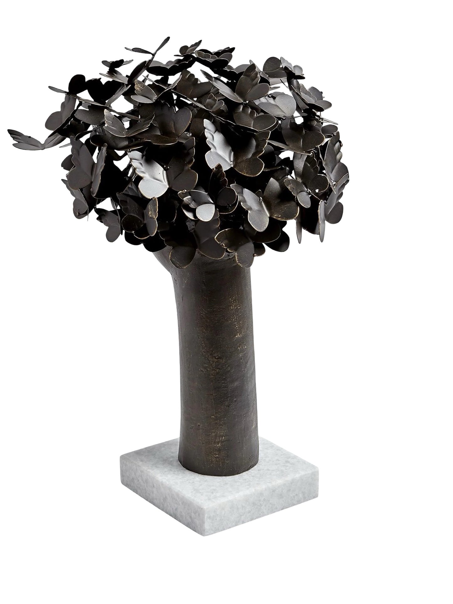 This detailed description presents 'Butterflies for Brains,' a bronze sculpture with gold highlights by Global Views Studios. It features a bust with iron butterflies emerging from the head, symbolizing thought and transformation. Set on a marble base, the piece measures approximately 16" x 12" x 23.5" and weighs 21.8 lbs., combining whimsy and introspection for any space.