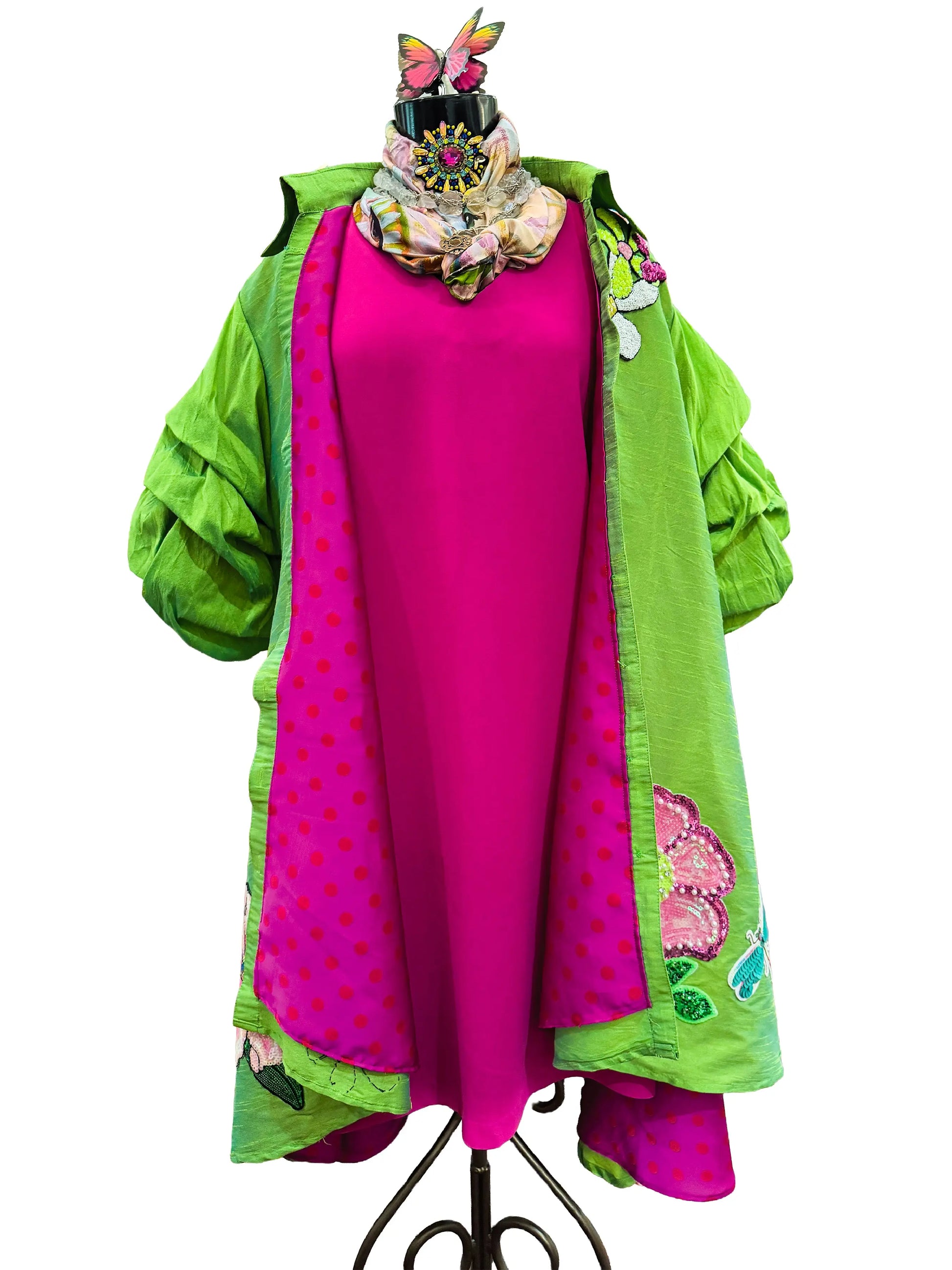 Bloomin Fantasy Lime Green Swing Coat with Hand-Sequin Floral Applique