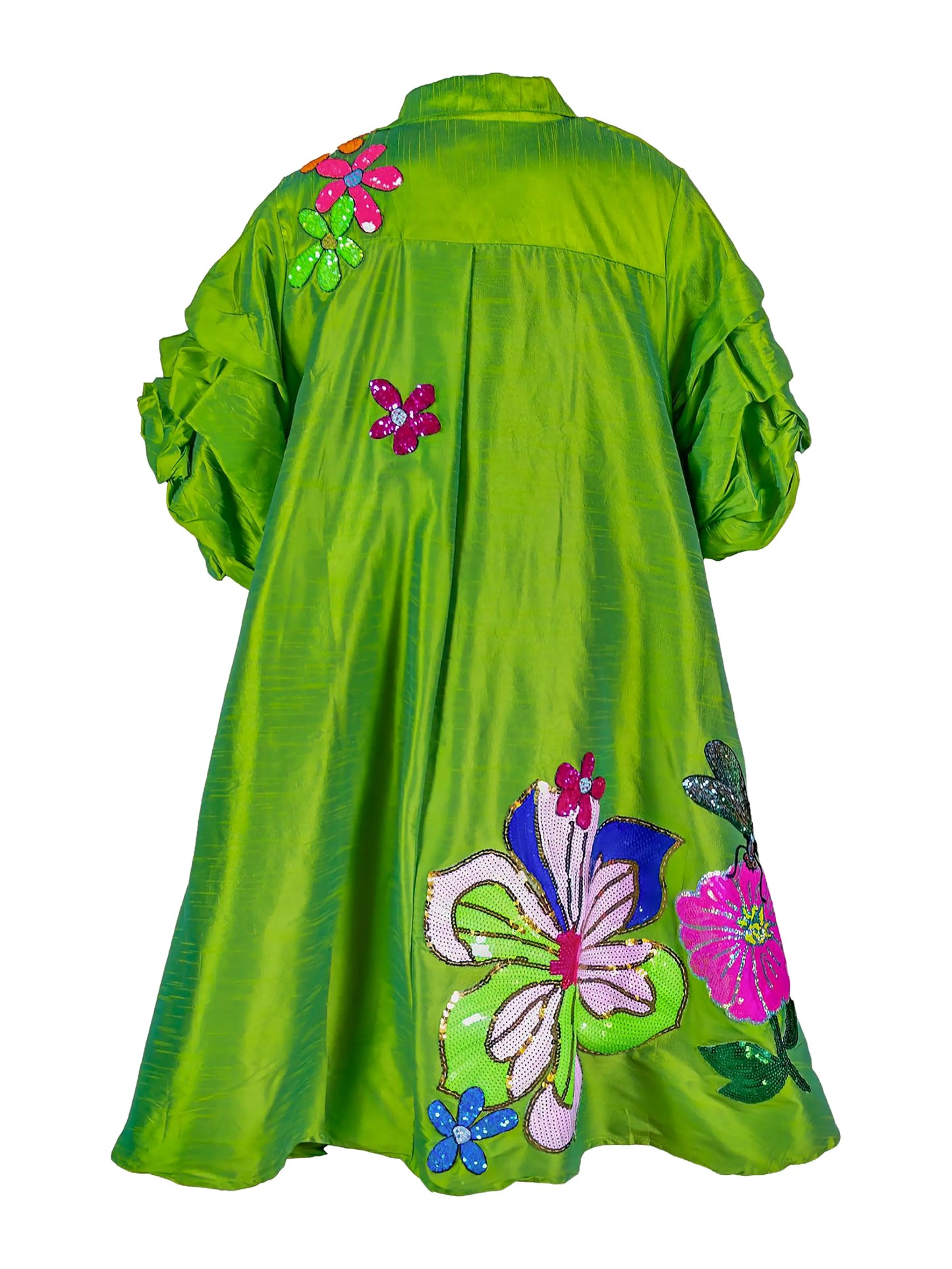 Bloomin Fantasy Lime Green Swing Coat with Hand-Sequin Floral Applique