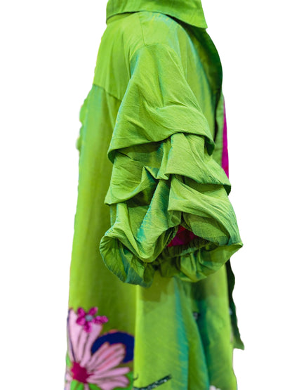 Bloomin Fantasy Lime Green Swing Coat with Hand-Sequin Floral Applique