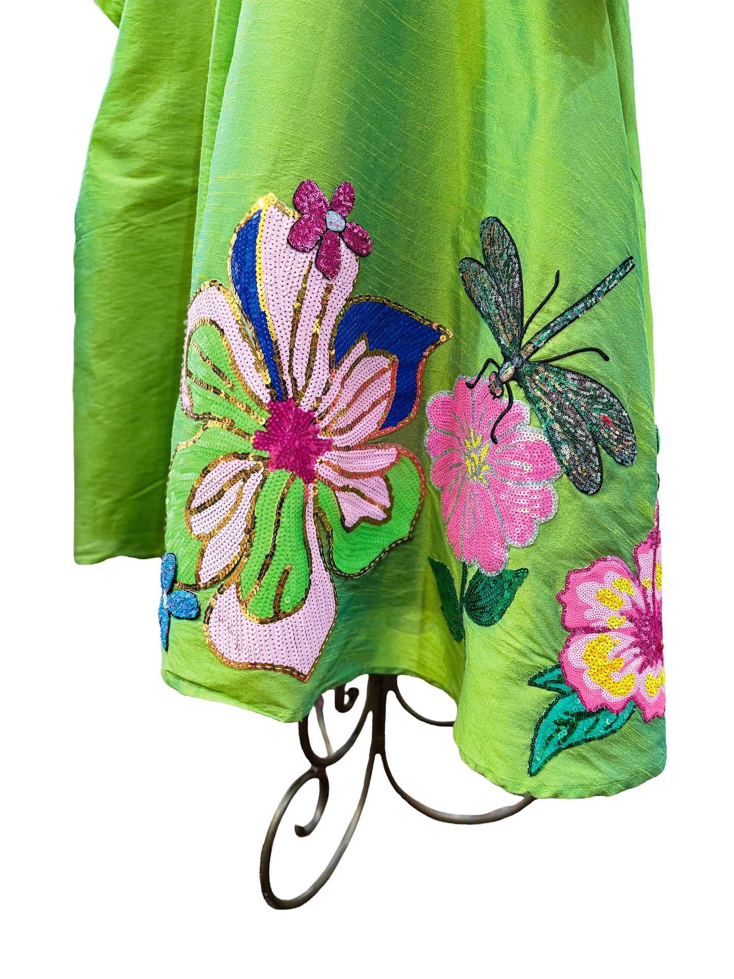 Bloomin Fantasy Lime Green Swing Coat with Hand-Sequin Floral Applique