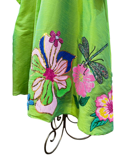 Bloomin Fantasy Lime Green Swing Coat with Hand-Sequin Floral Applique